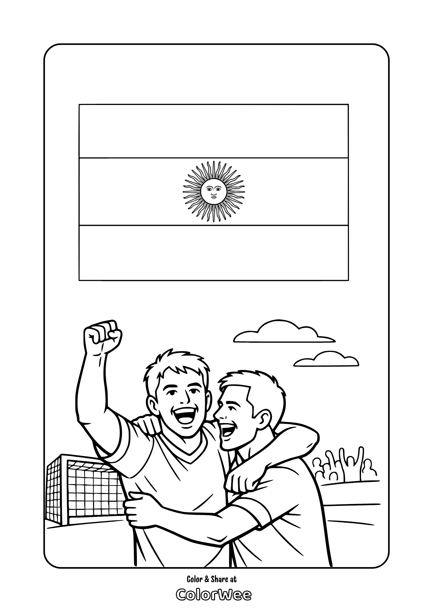 Argentina soccer celebration coloring page with flag and players