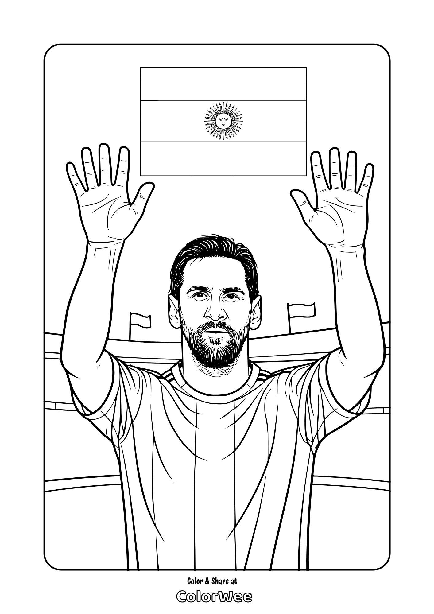 Argentina soccer player Messi raising hands with flag coloring page