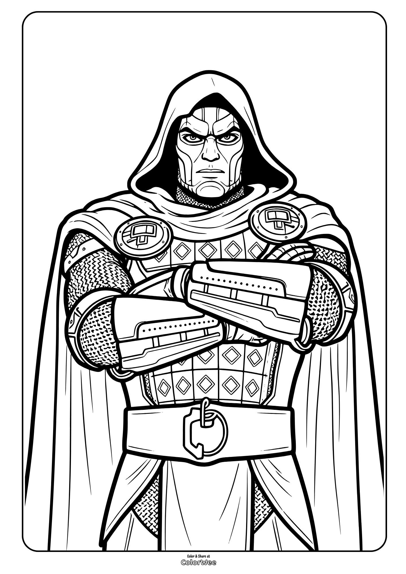 Doctor Doom coloring page – armored supervillain with hood and cape in new Avengers Doomsday movie.