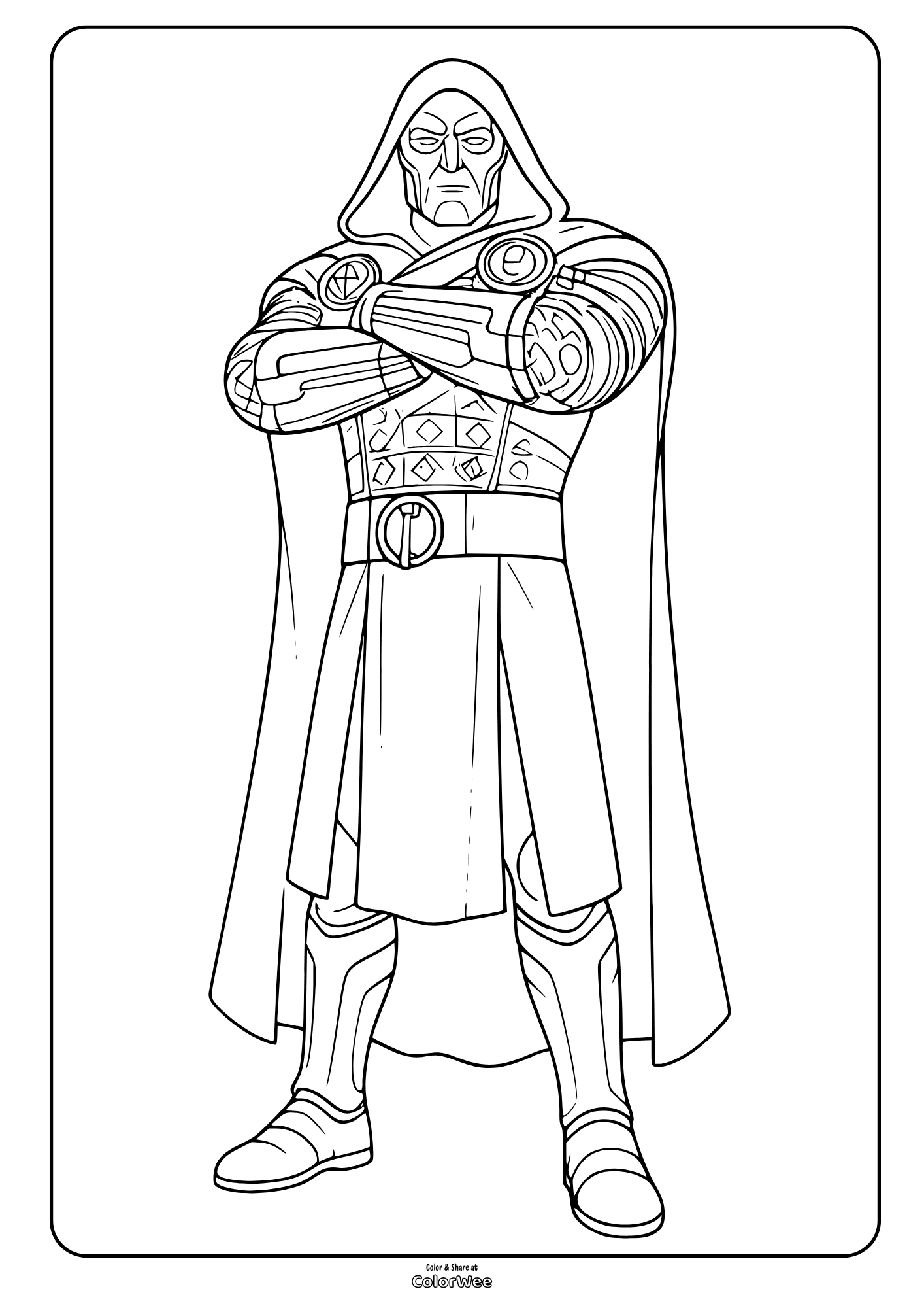 Avengers Doomsday coloring page - armored hooded Dr Doom, printable for kids