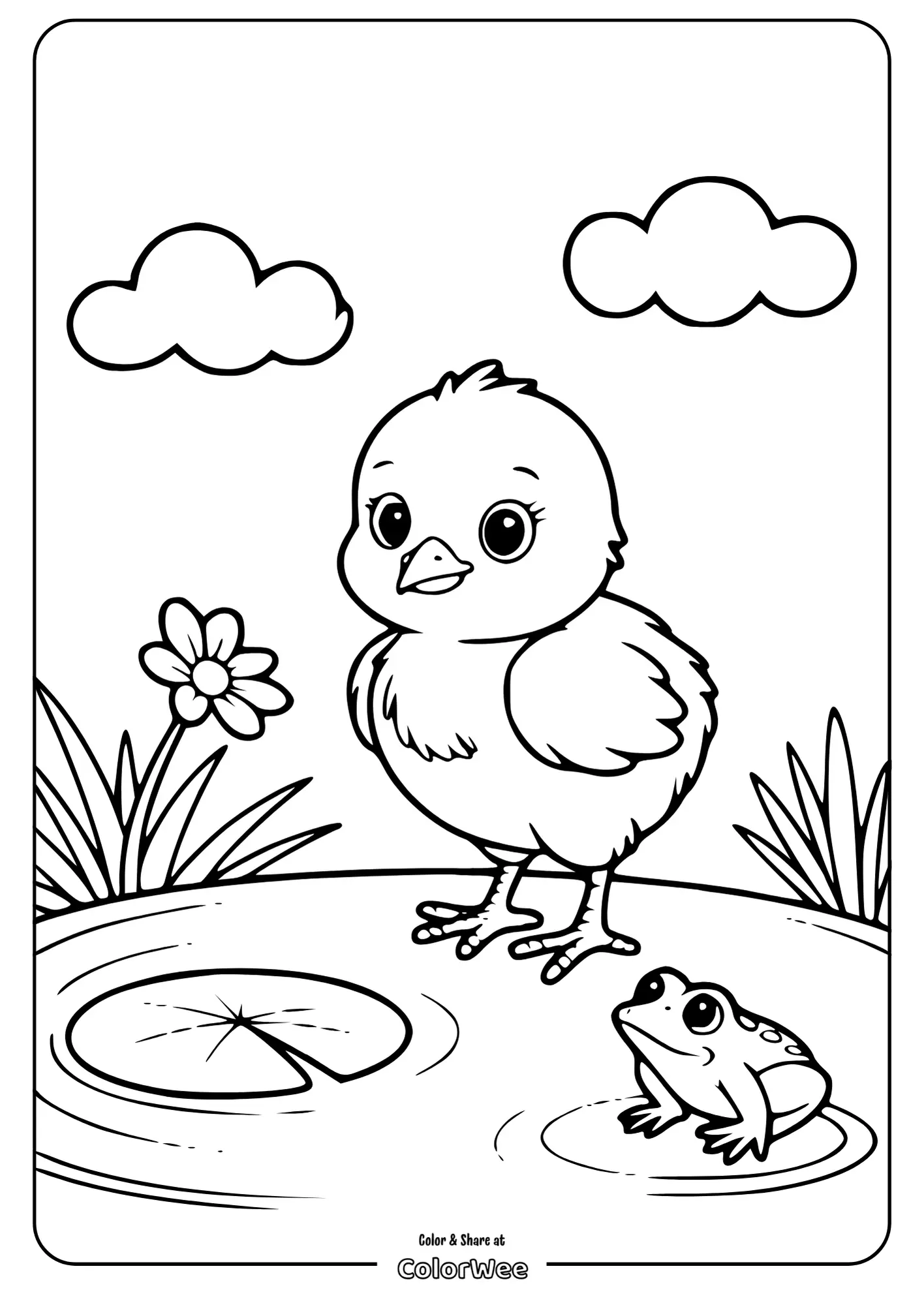 Chick and frog by pond coloring page with flowers and clouds.