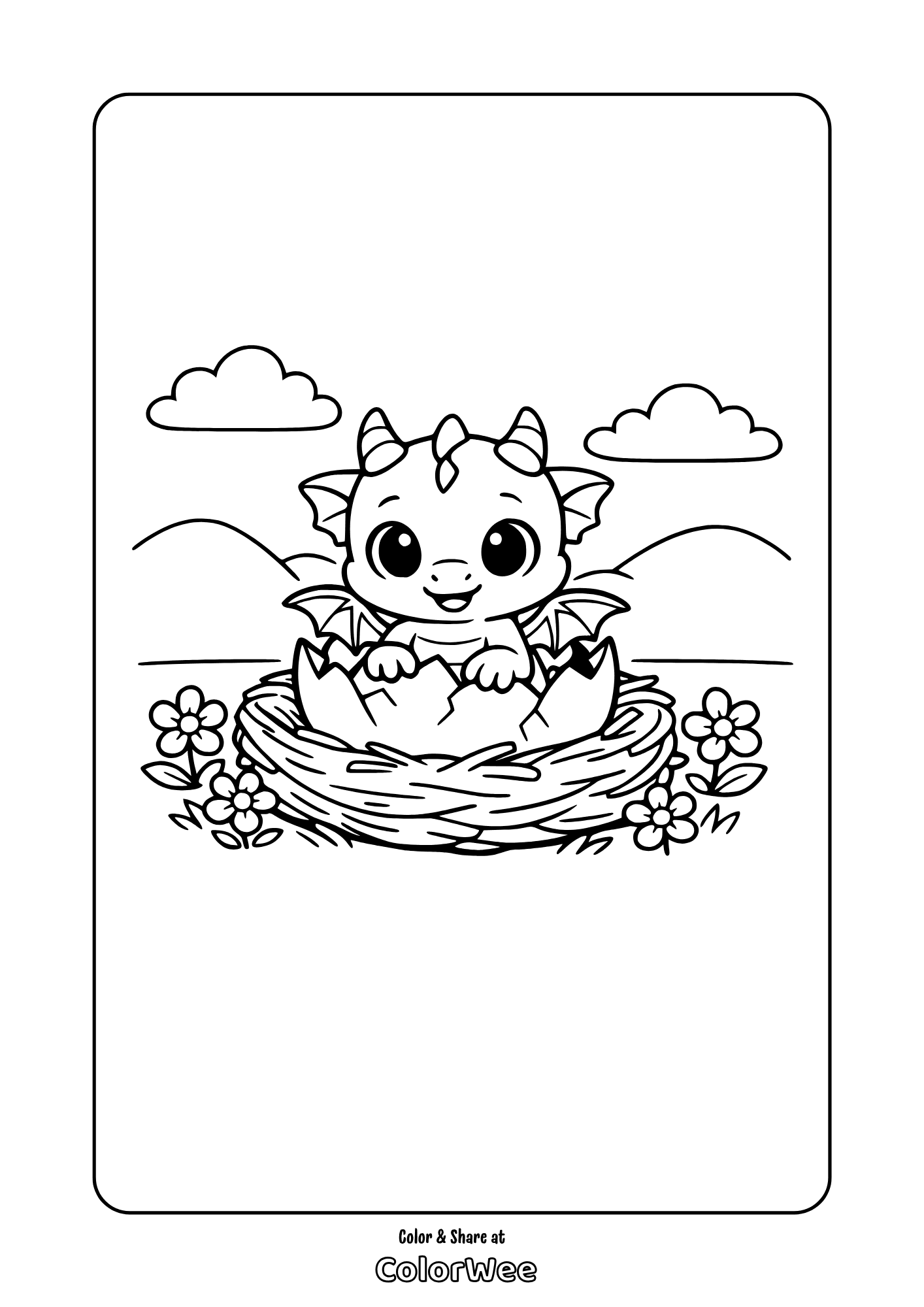 Cute baby dragon hatching in nest coloring page for kids