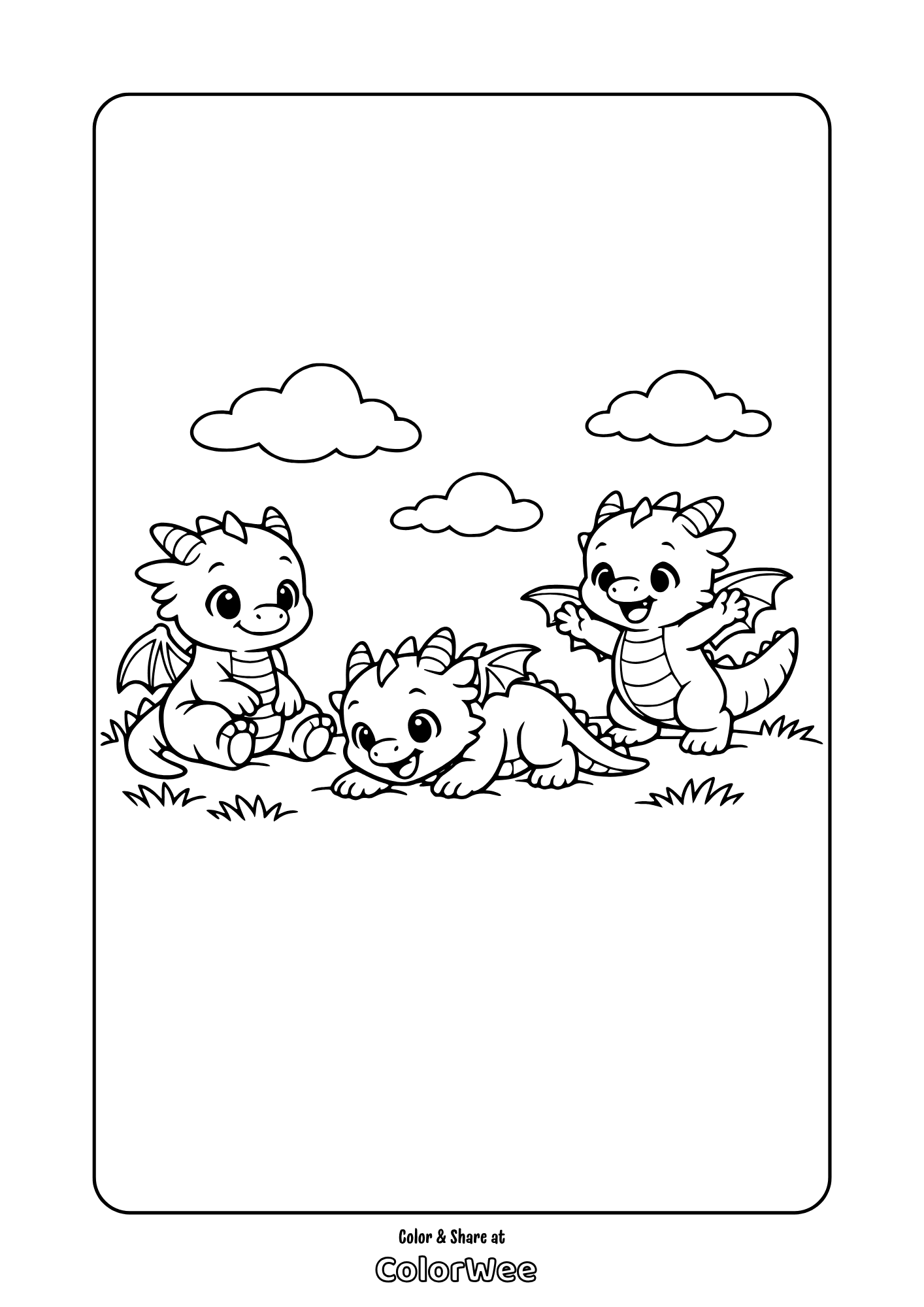 Cute baby dragons playing in a meadow with clouds coloring page