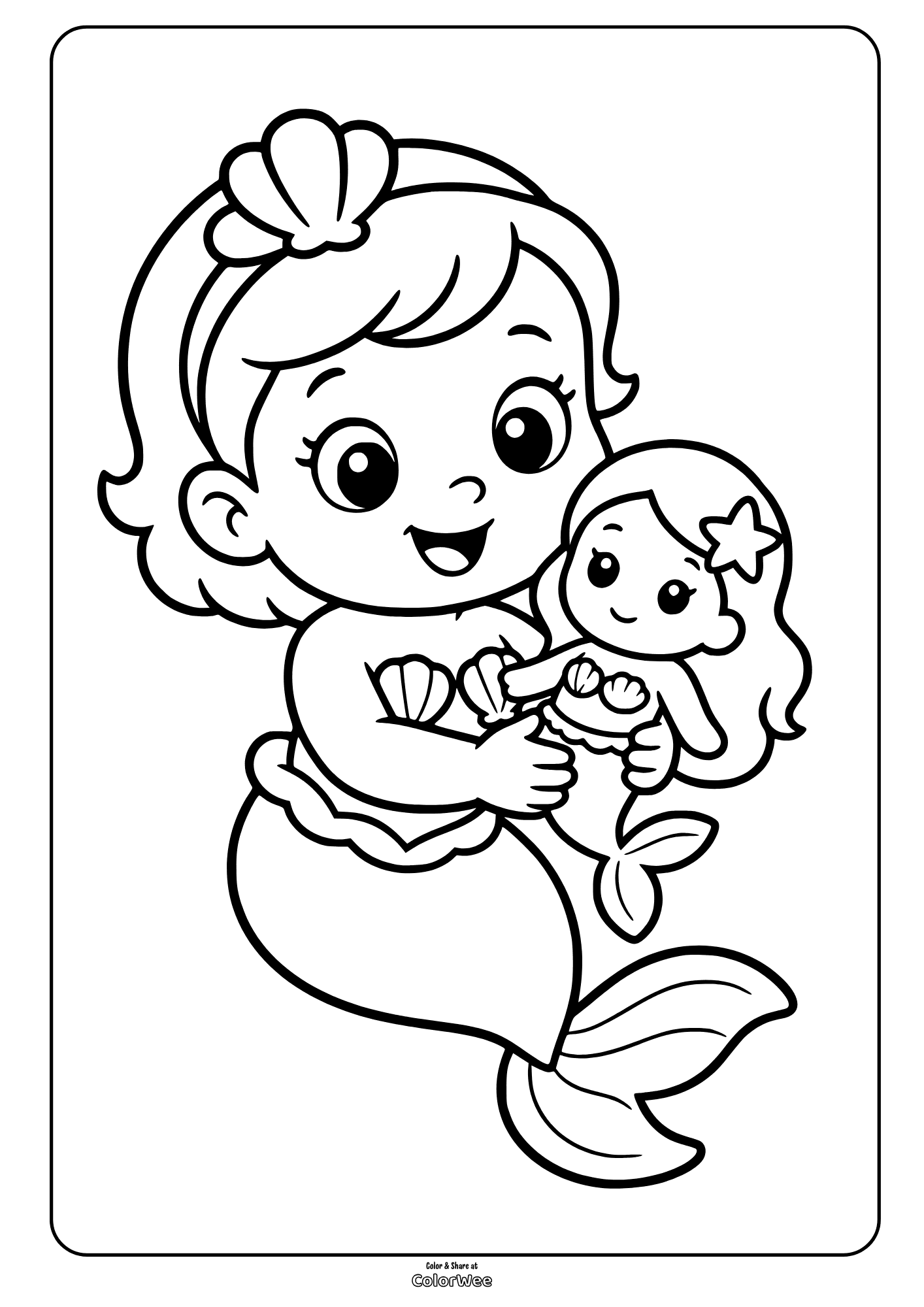 Baby Mermaid girl cuddling a doll mermaid with a star hair clip in this coloring picture