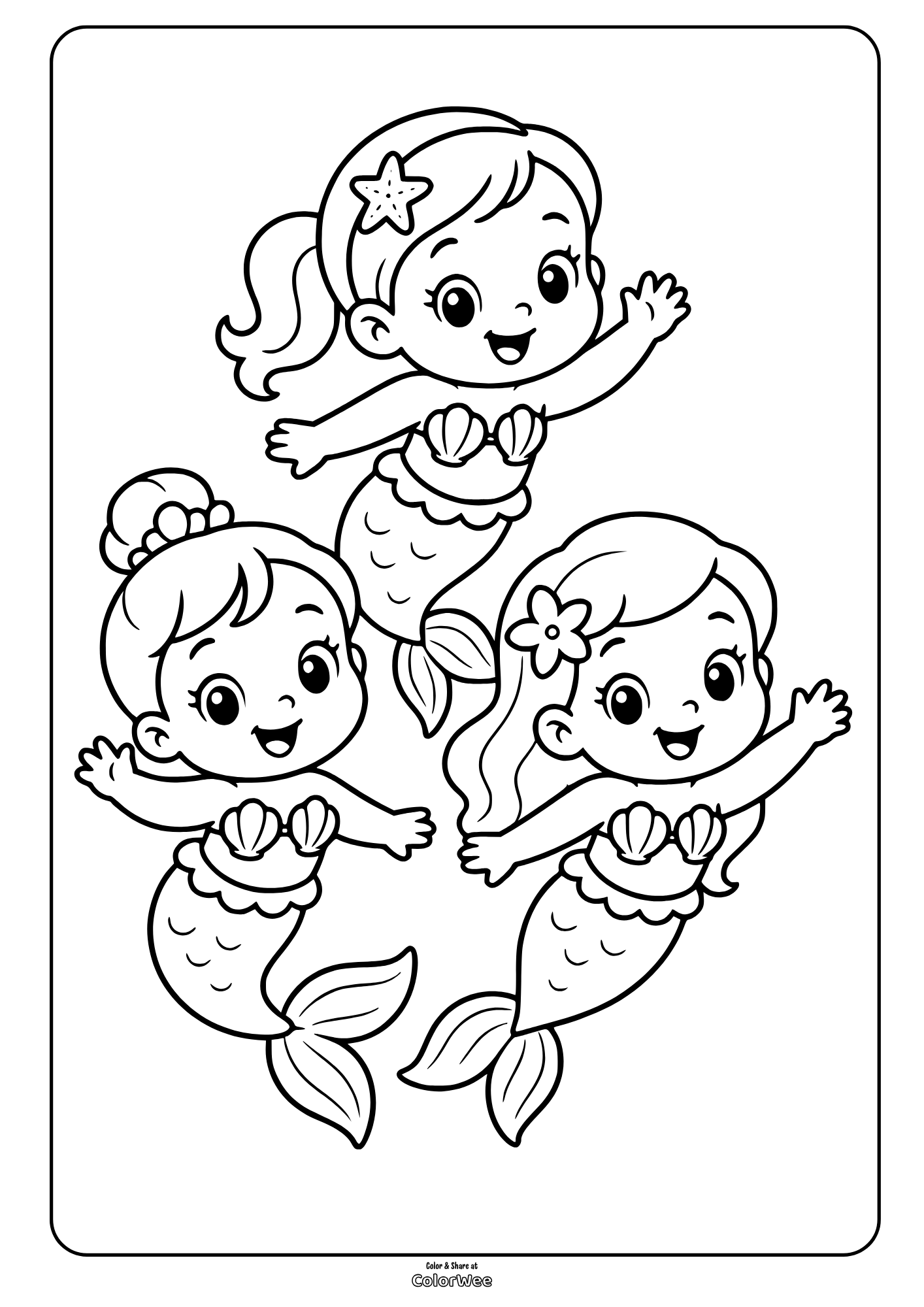 Three cheerful mermaid girls swimming together with flowing hair, seashell tops, and fish tails coloring picture