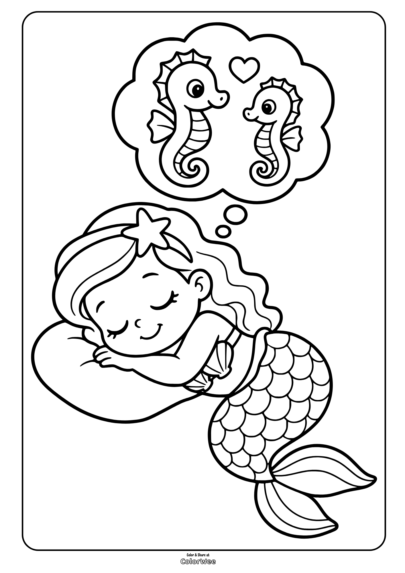 Sleeping mermaid resting on a whale with two seahorses in a heart-filled thought bubble, coloring picture