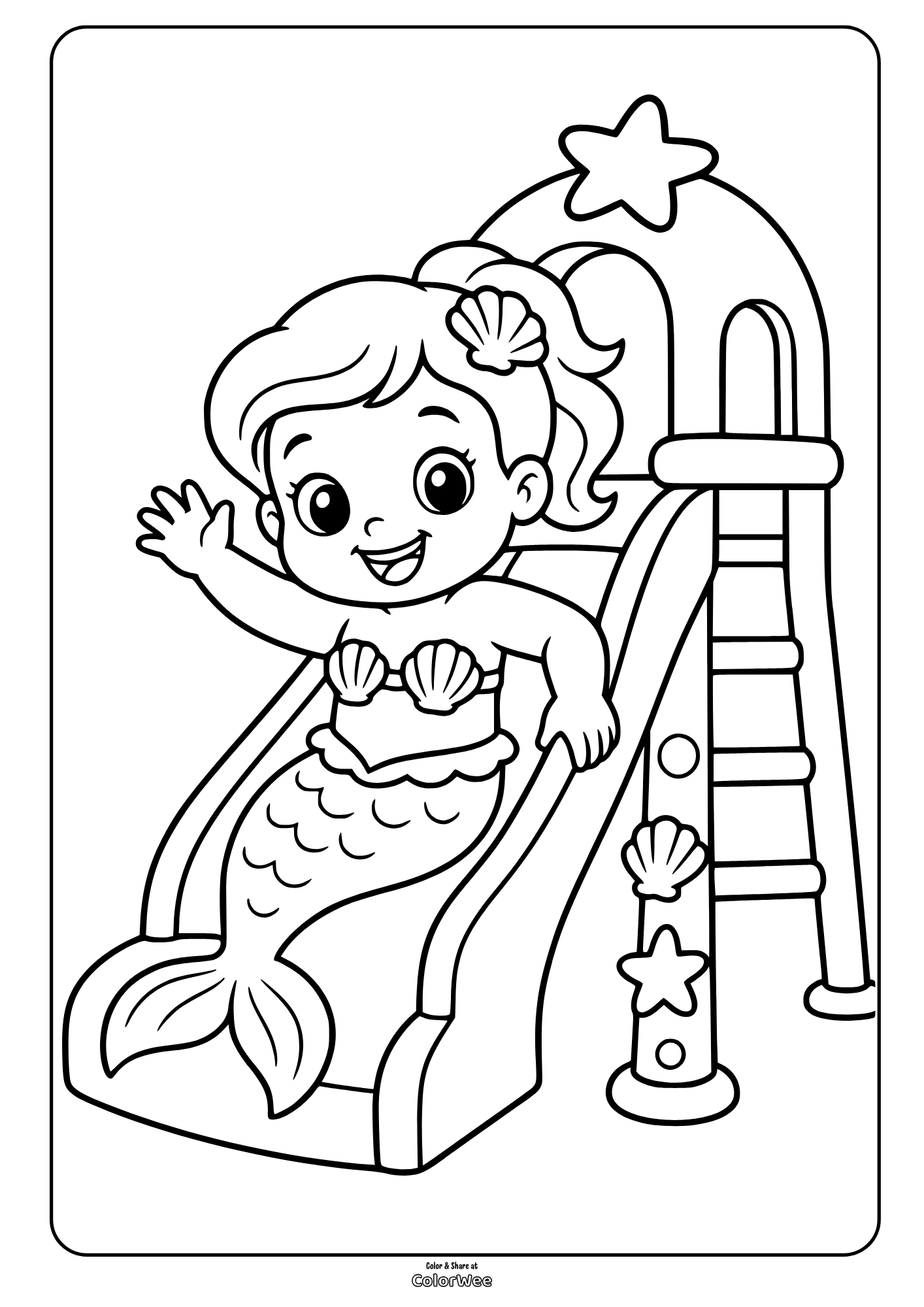 Smiling baby mermaid waving while sliding down a playground slide, printable coloring page