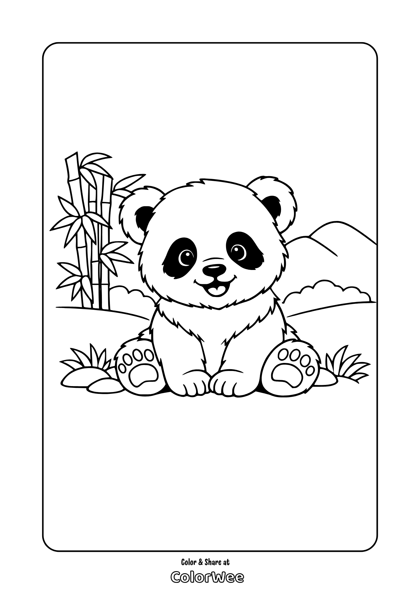Cute baby panda with bamboo and mountains - free printable coloring page