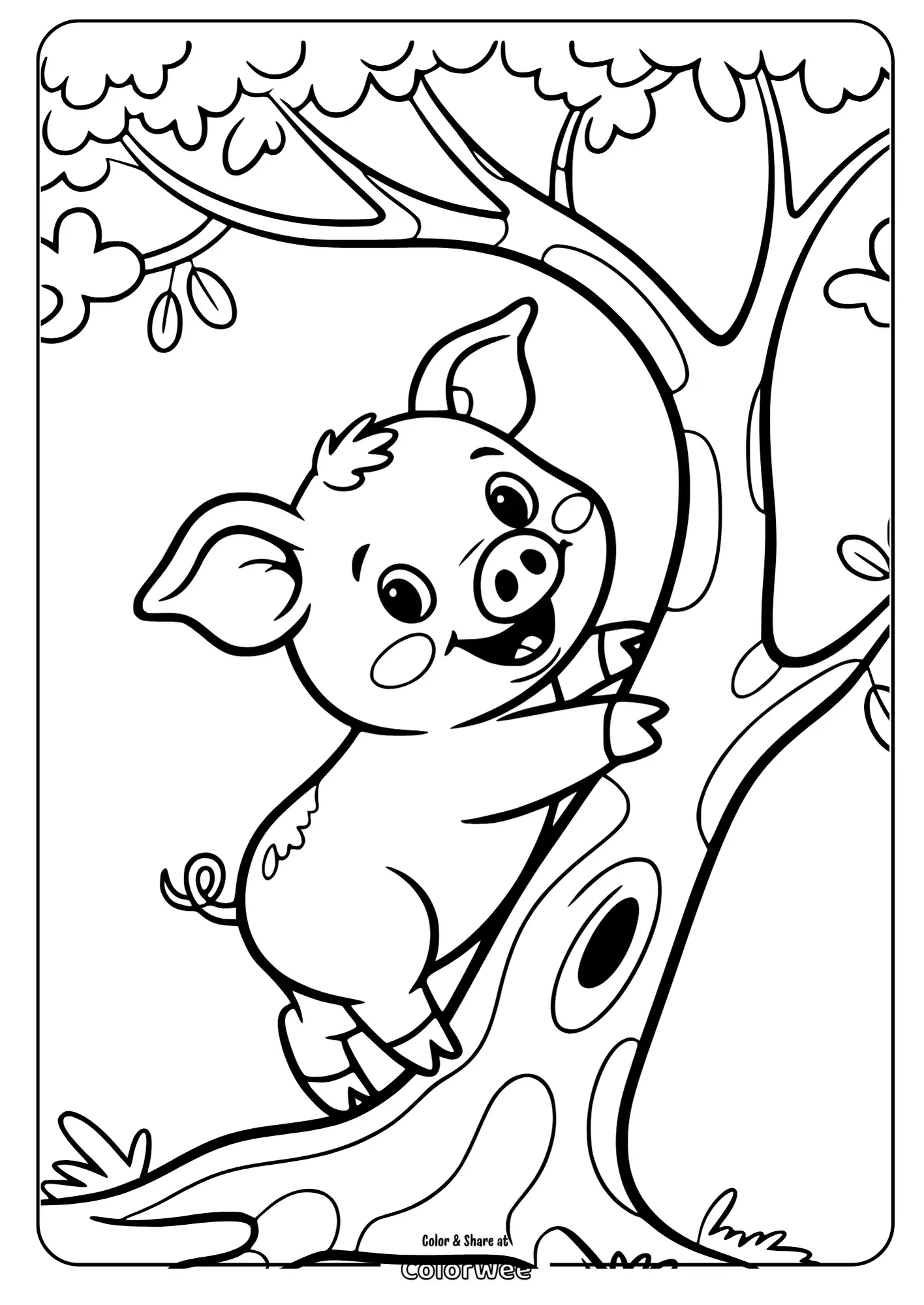 Cute pig climbing a tree coloring page for kids.