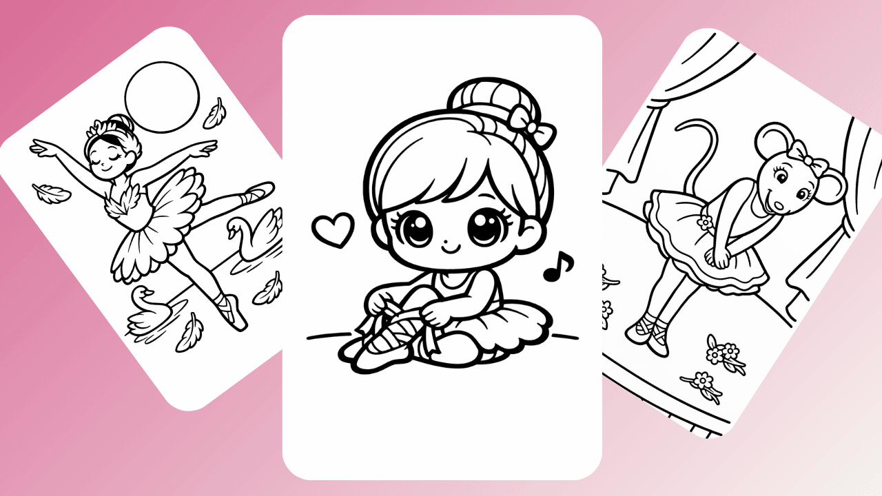 Cute ballerina and ballet mouse scenes- coloring pages for kids