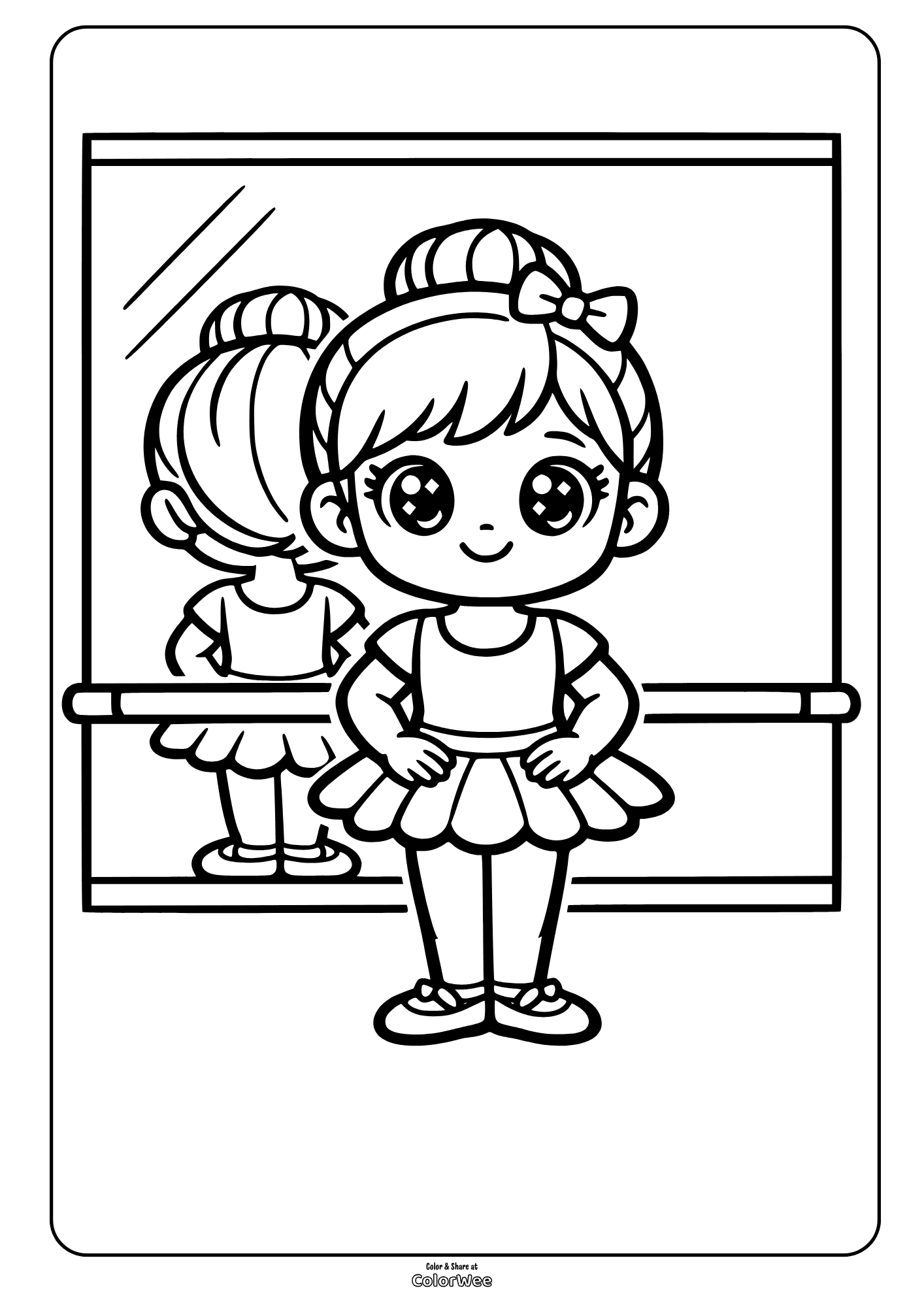 Kawaii ballerina in tutu at dance barre and mirror - ballet coloring page