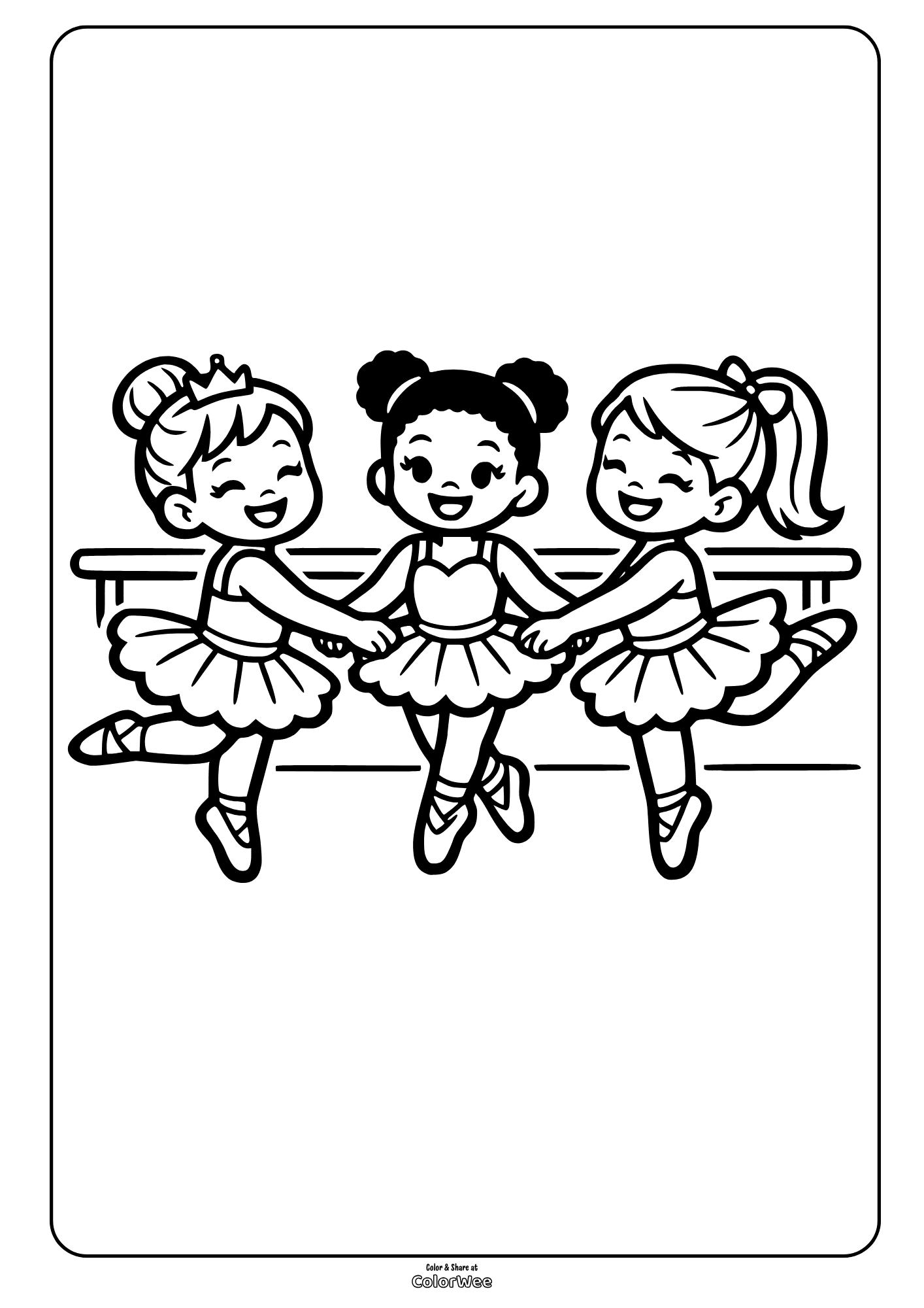 Three ballerinas dancing and holding hands - ballet coloring page