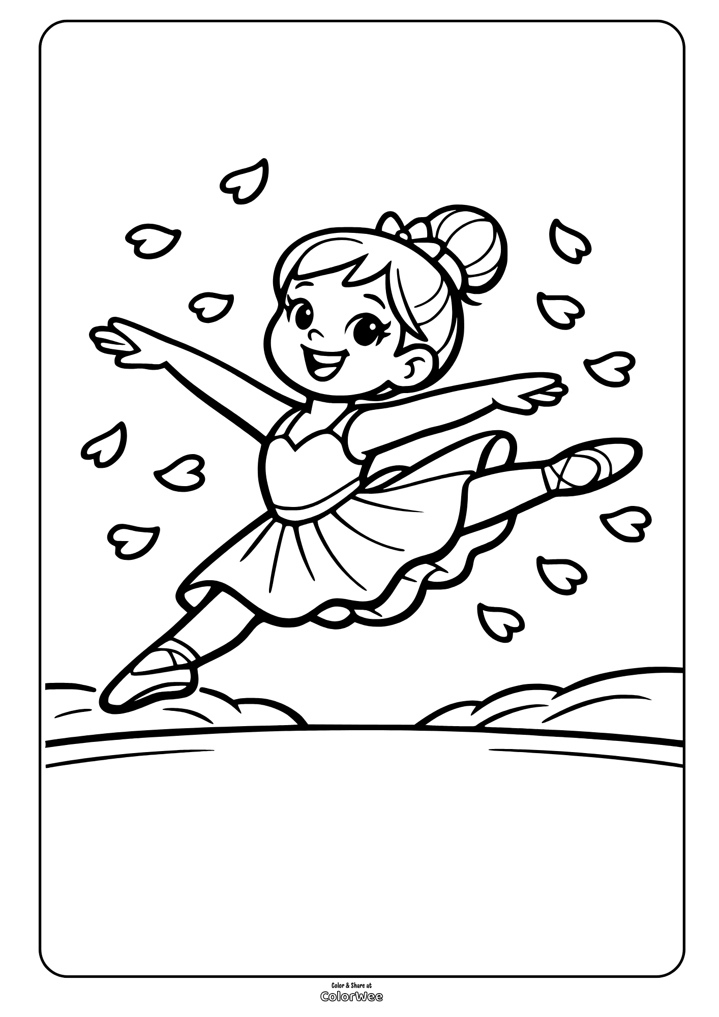 Cute ballerina leaping with petals coloring page for kids