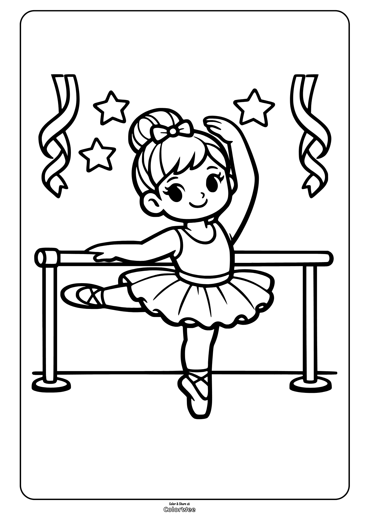 Ballerina at barre with stars and ribbons coloring page for kids