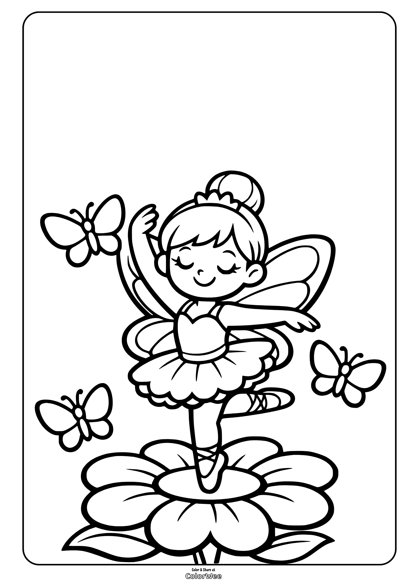 Cute fairy ballerina dancing on flower with butterflies coloring page