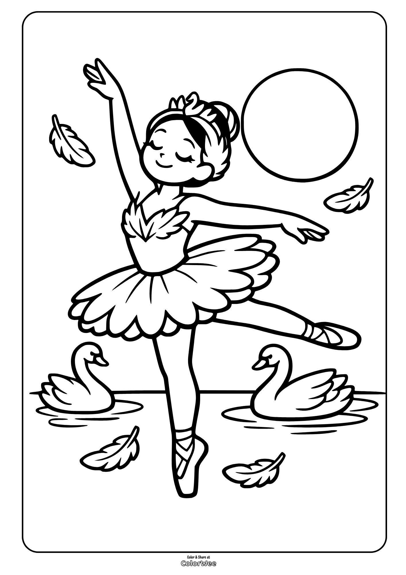 Ballerina and swans coloring page for kids — Swan Lake dance scene