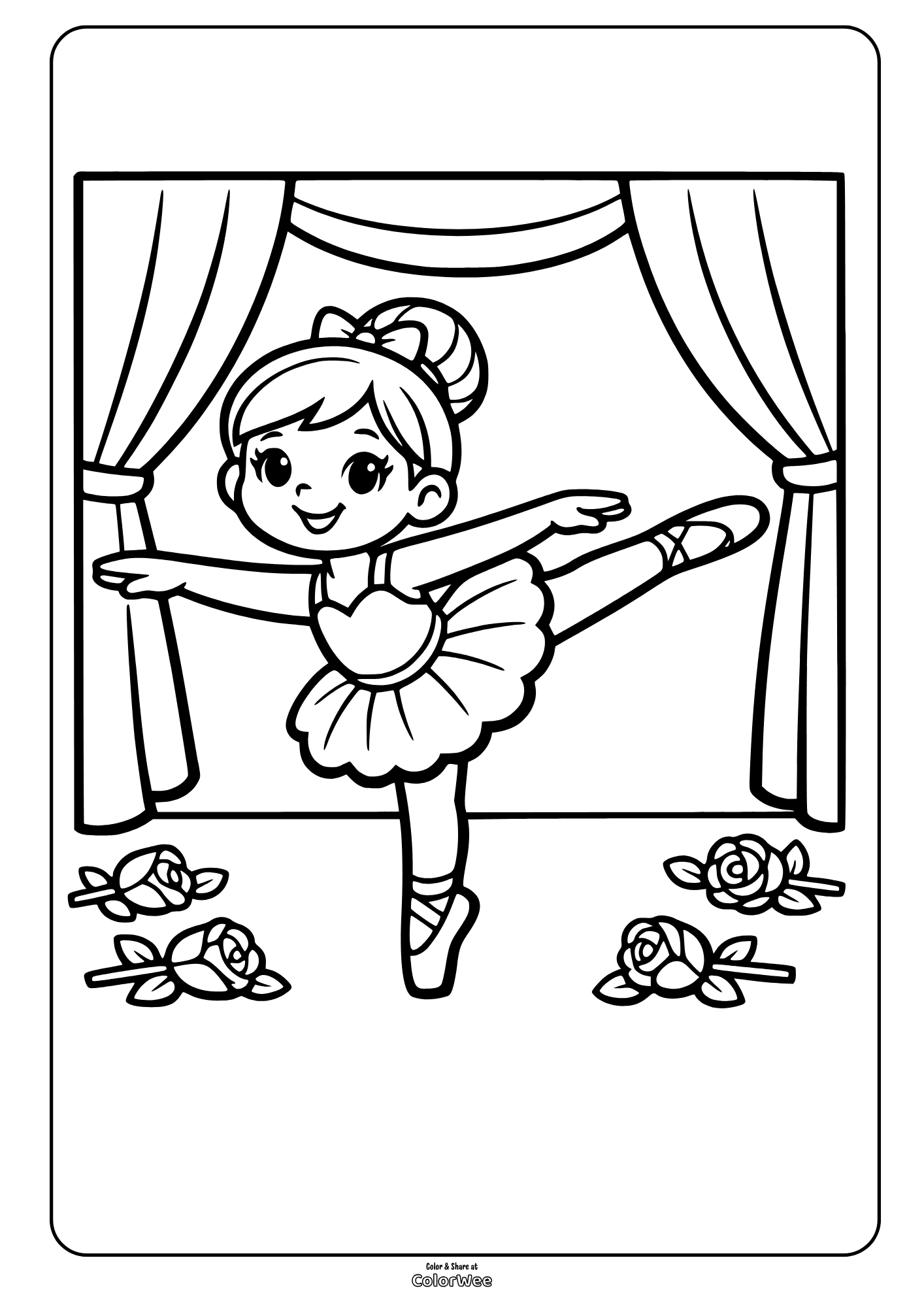 Cute ballerina on stage with curtains and roses coloring page