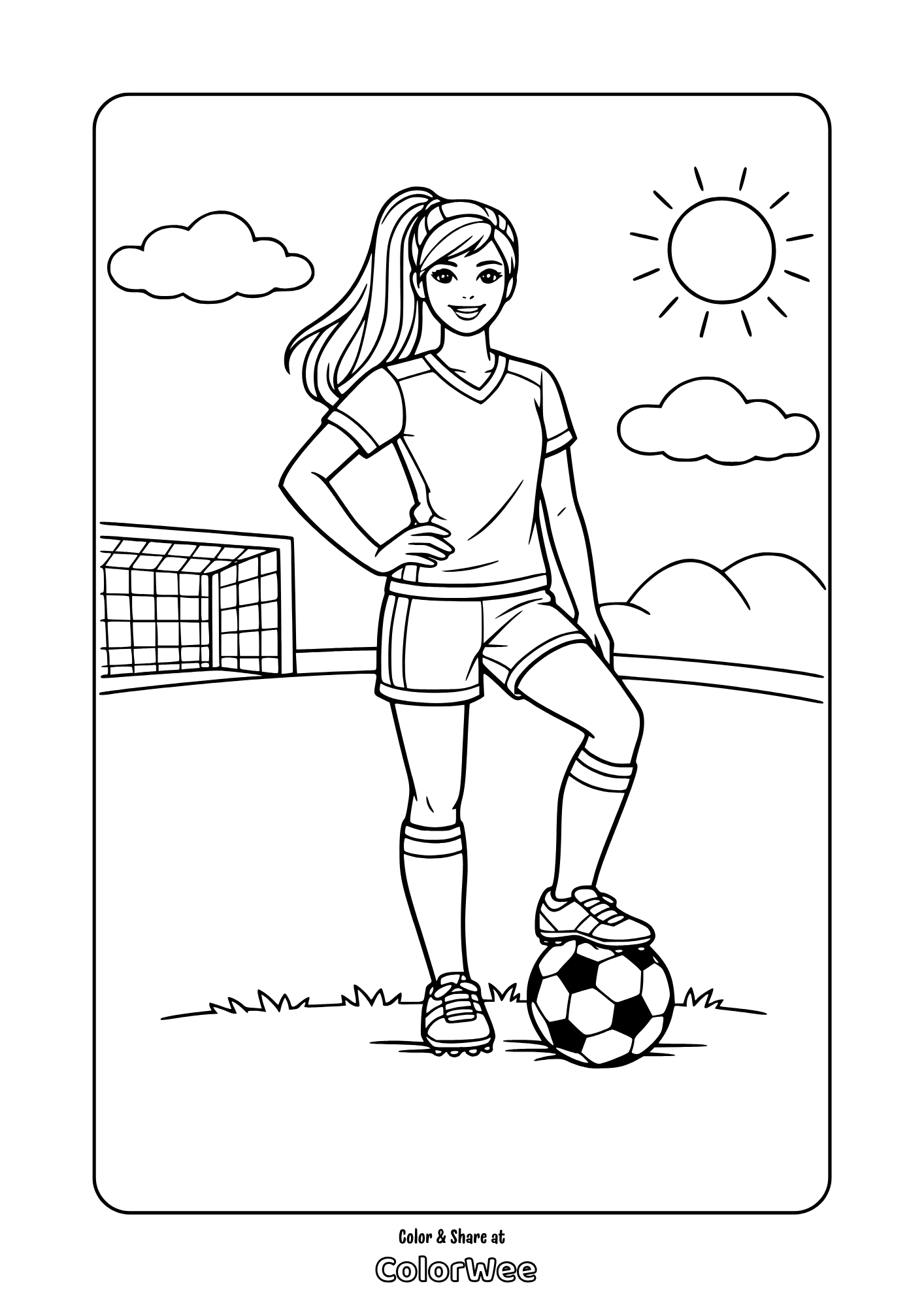 Soccer barbie coloring page: player with ball by goal on sunny field