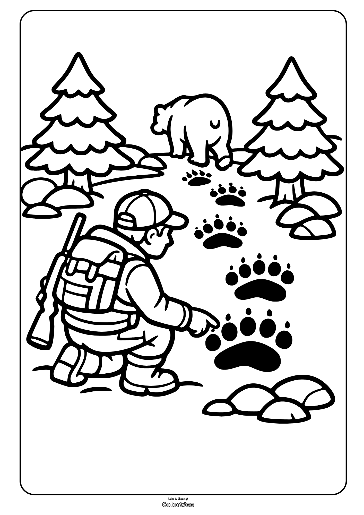 Free printable hunter follows bear tracks in hunting coloring page