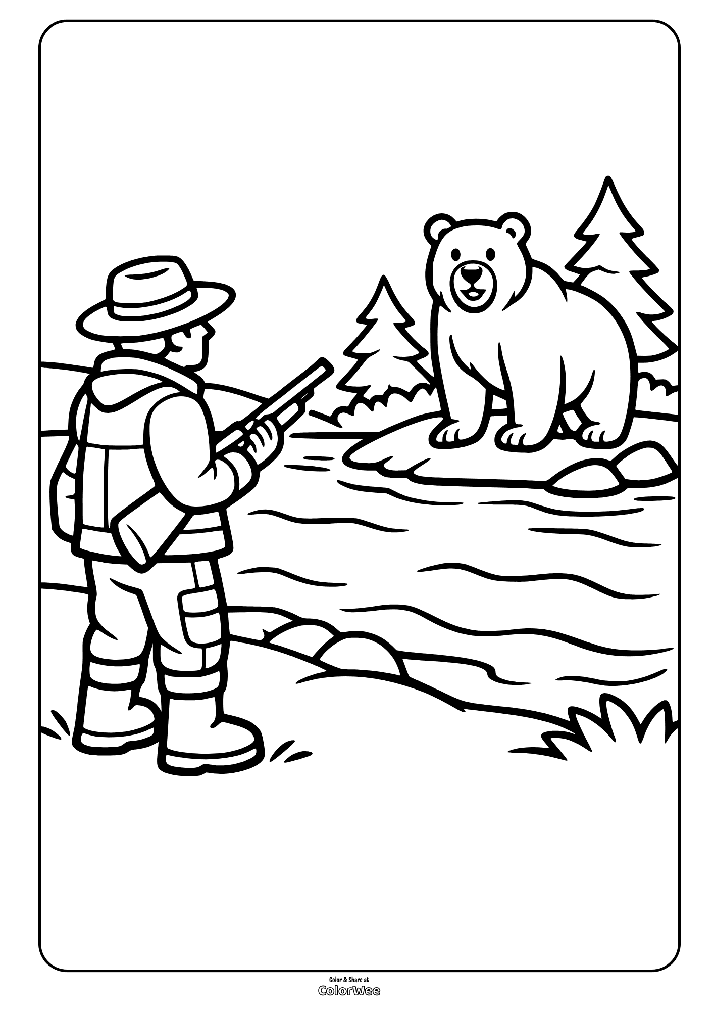 Bear and hunter wilderness river scene printable coloring page for kids