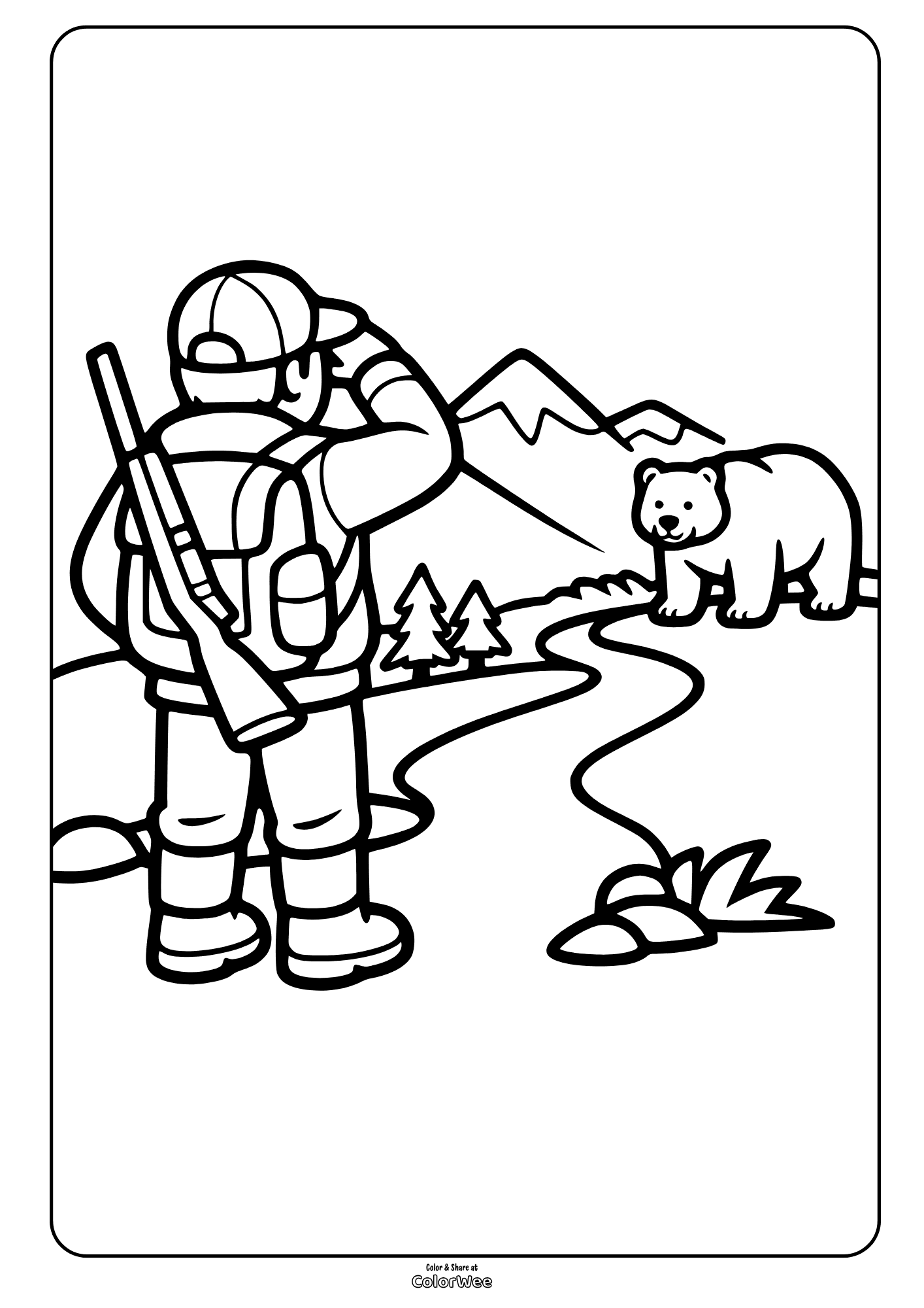 Hunter spotting bear on mountain trail coloring page