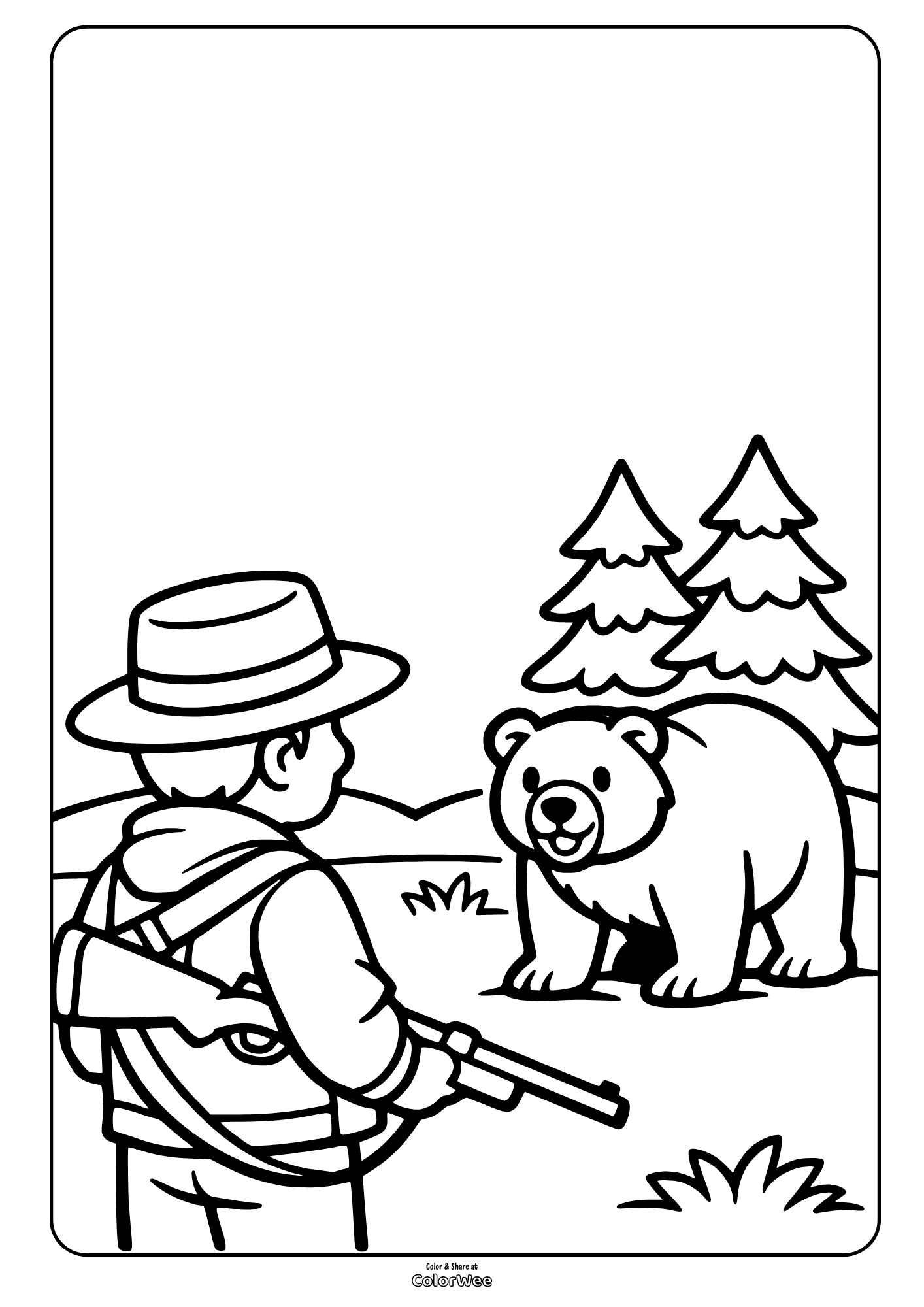 Hunter and bear in forest coloring page for kids