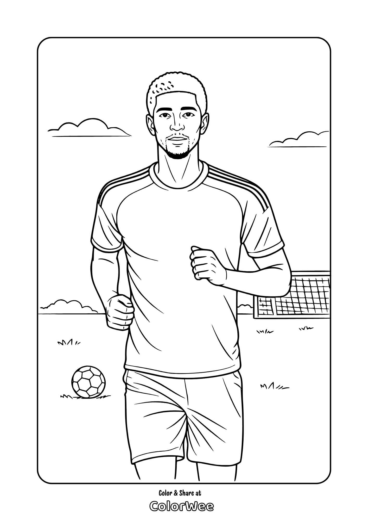 Jude Bellingham running on field with goal and ball coloring page