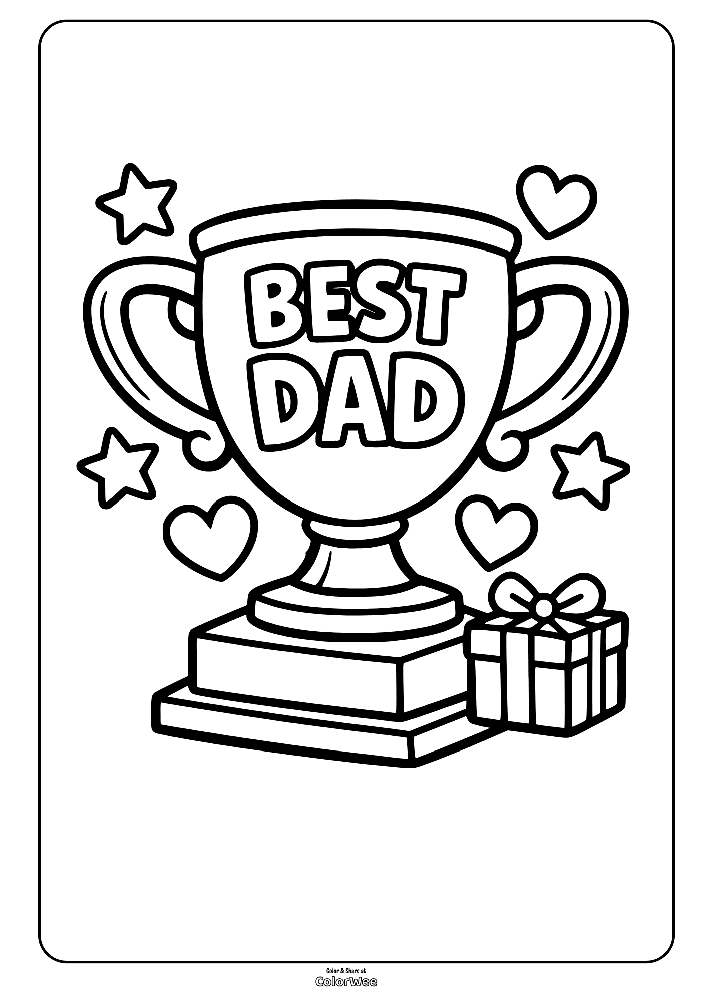 Best Dad trophy with hearts and gift coloring sheet for Father’s Day