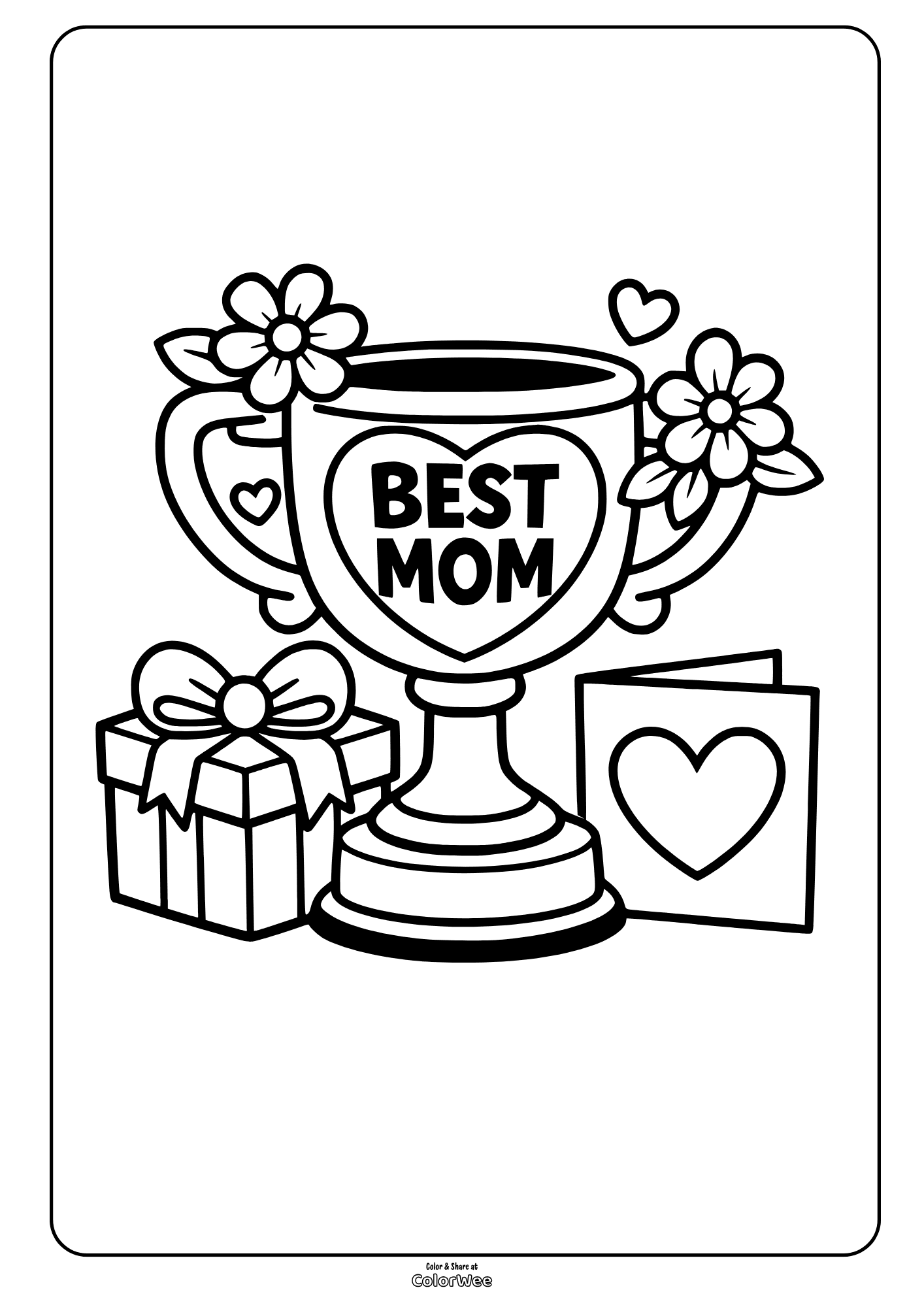 Best Mom trophy with flowers, gift and heart card coloring sheet