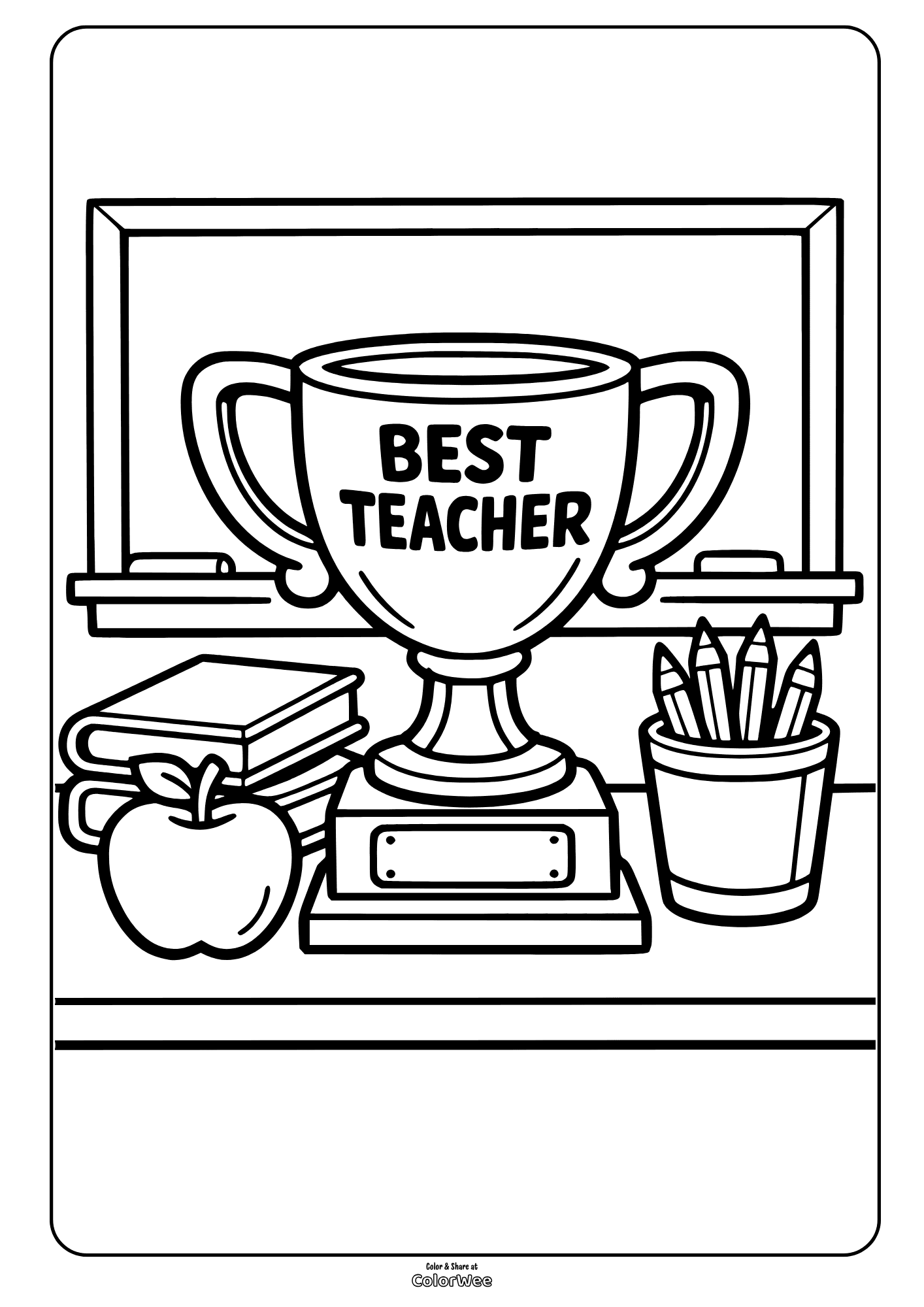 Best Teacher trophy classroom coloring sheet with books, apple, pencils