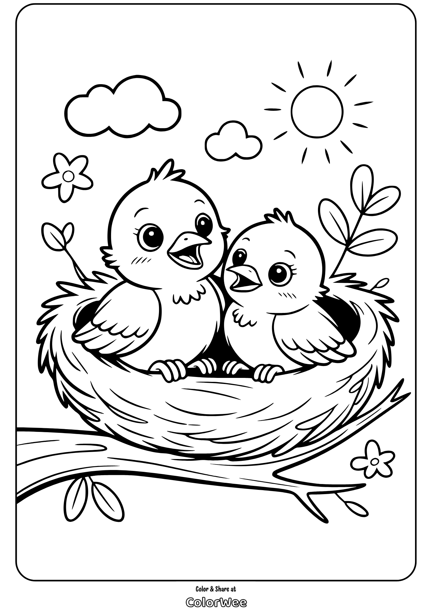 Cute birds in a bird nest coloring page, perfect for kids and nature lovers.