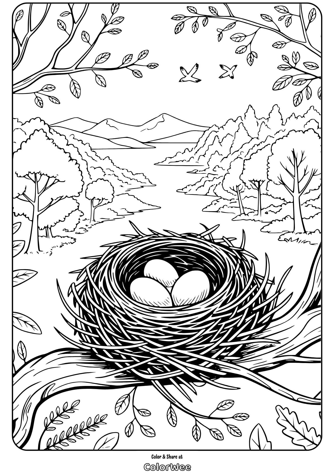 Bird nest with eggs in a tree overlooking a serene landscape coloring page.