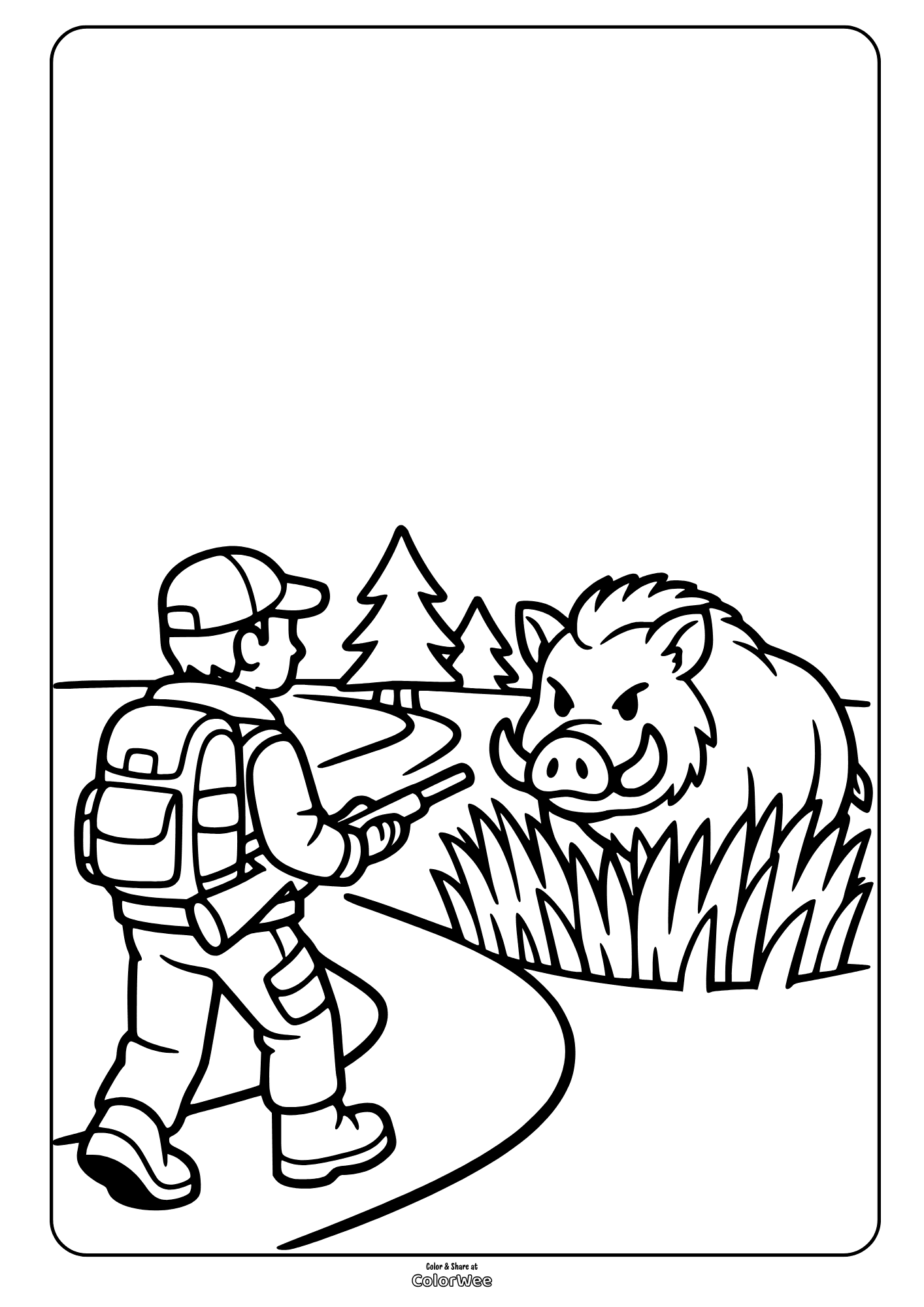 Hunter and wild boar in forest coloring page