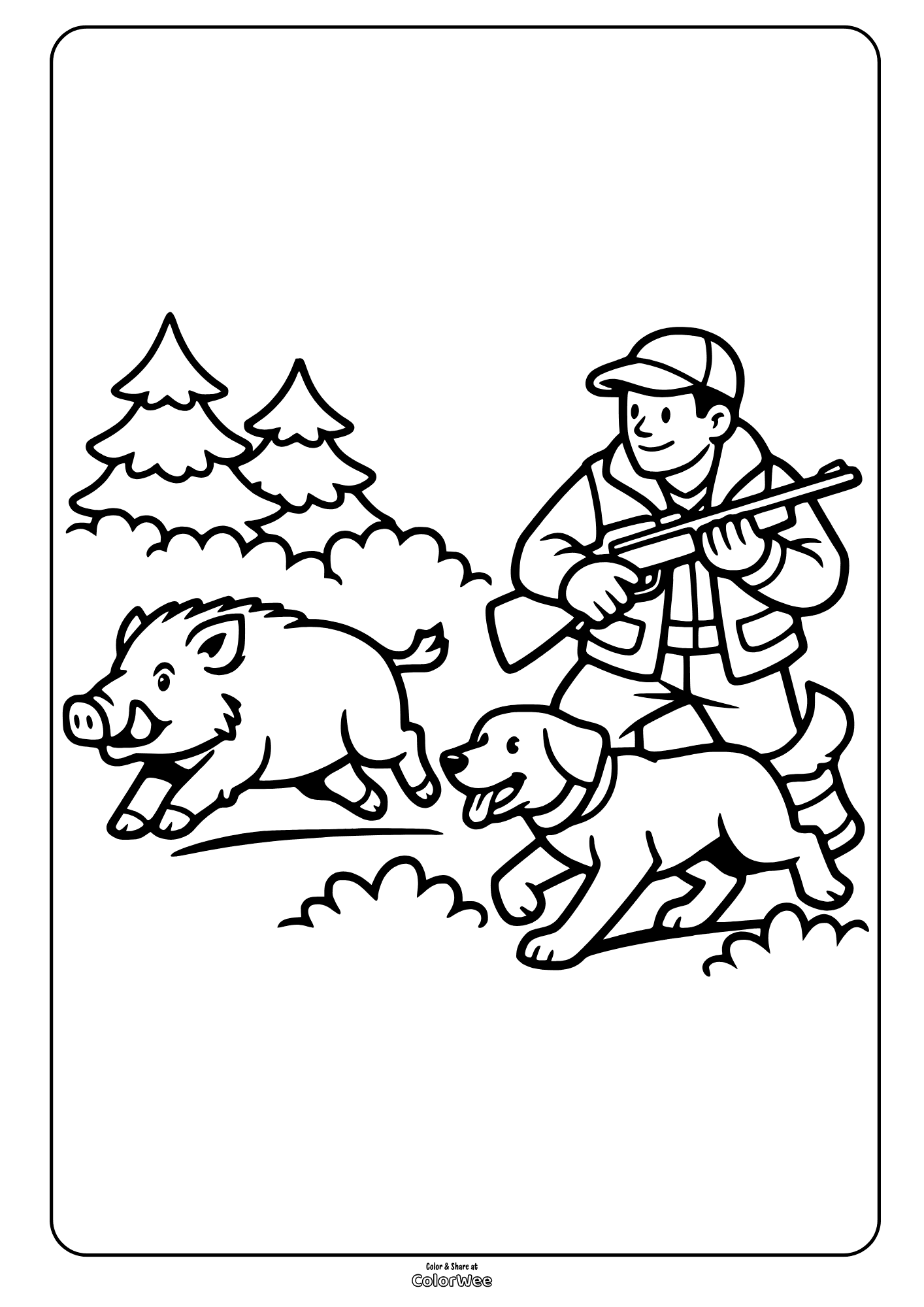 Hunter and dog chasing wild boar in forest coloring page