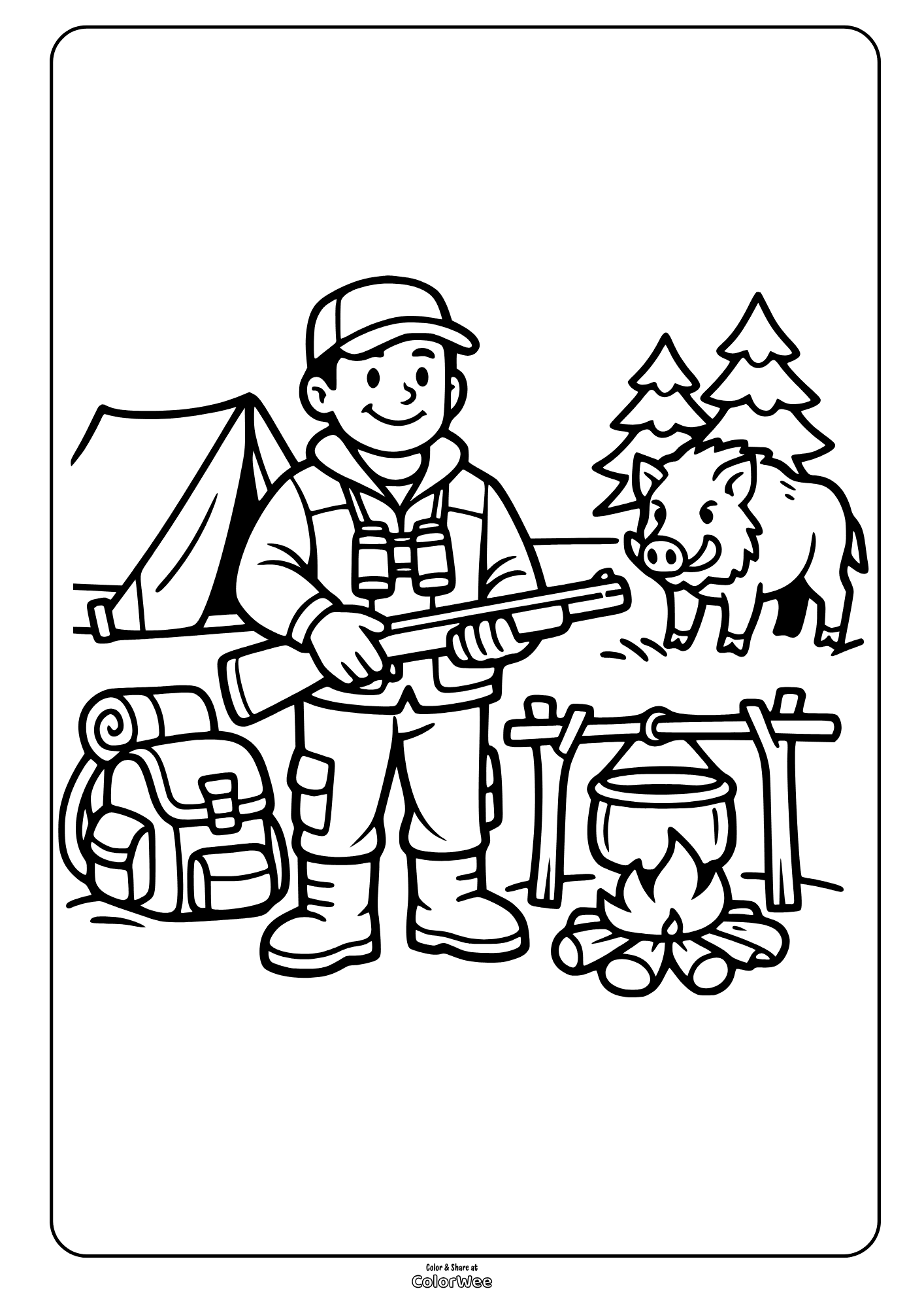 Hunter camping in forest with wild boar and campfire coloring page