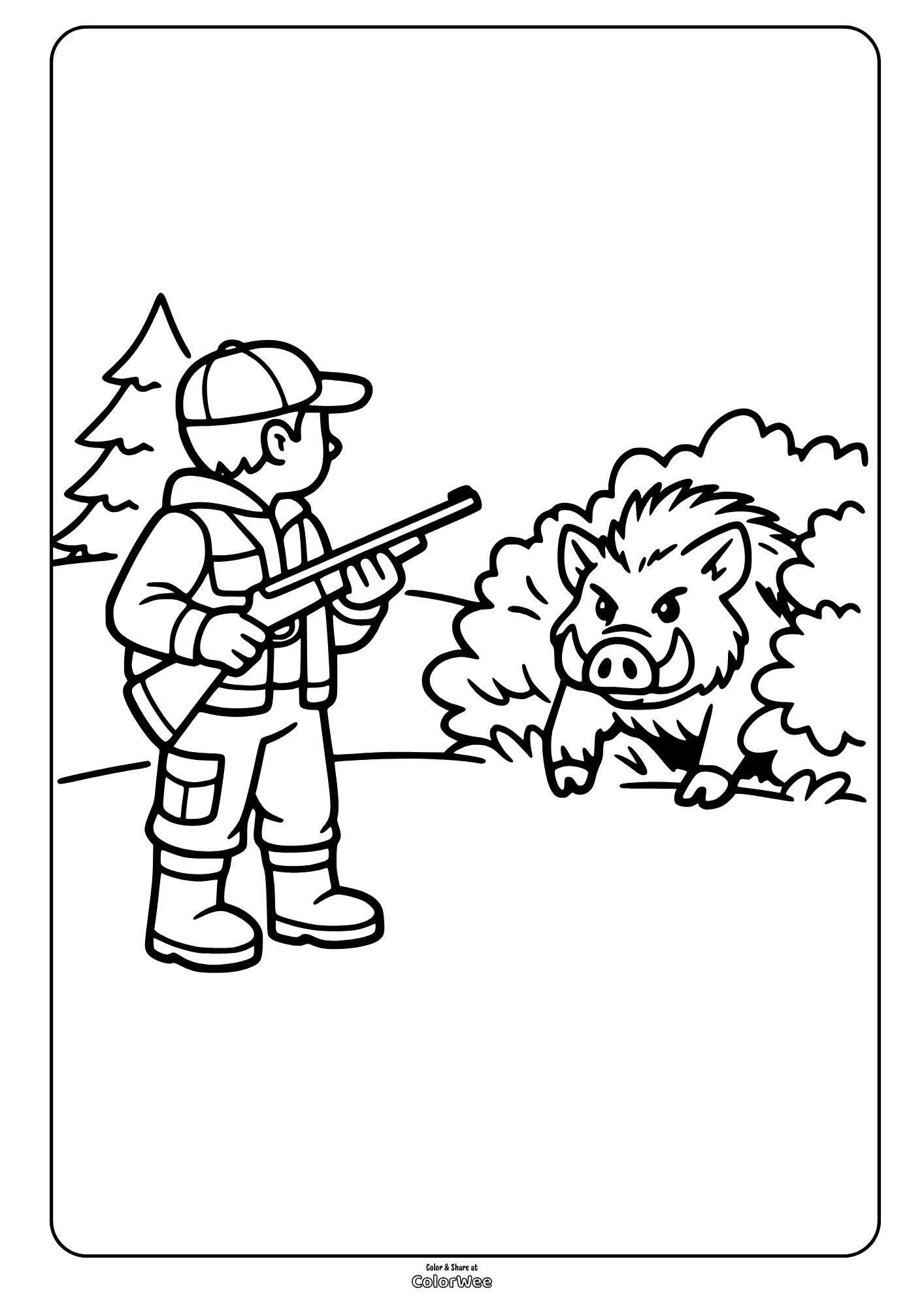Hunter with rifle and wild boar in forest coloring page
