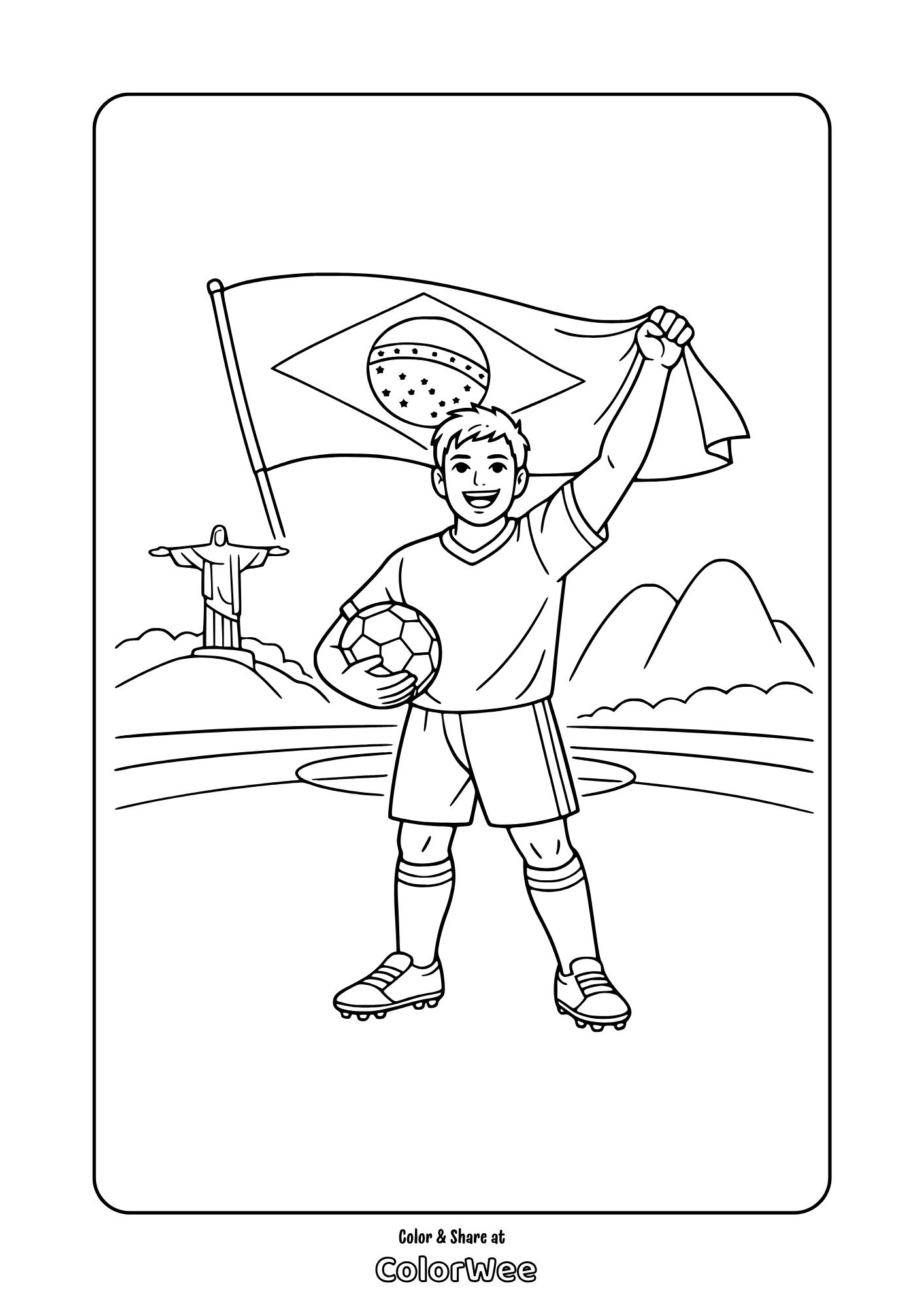Brazil soccer player with flag in Rio - coloring page