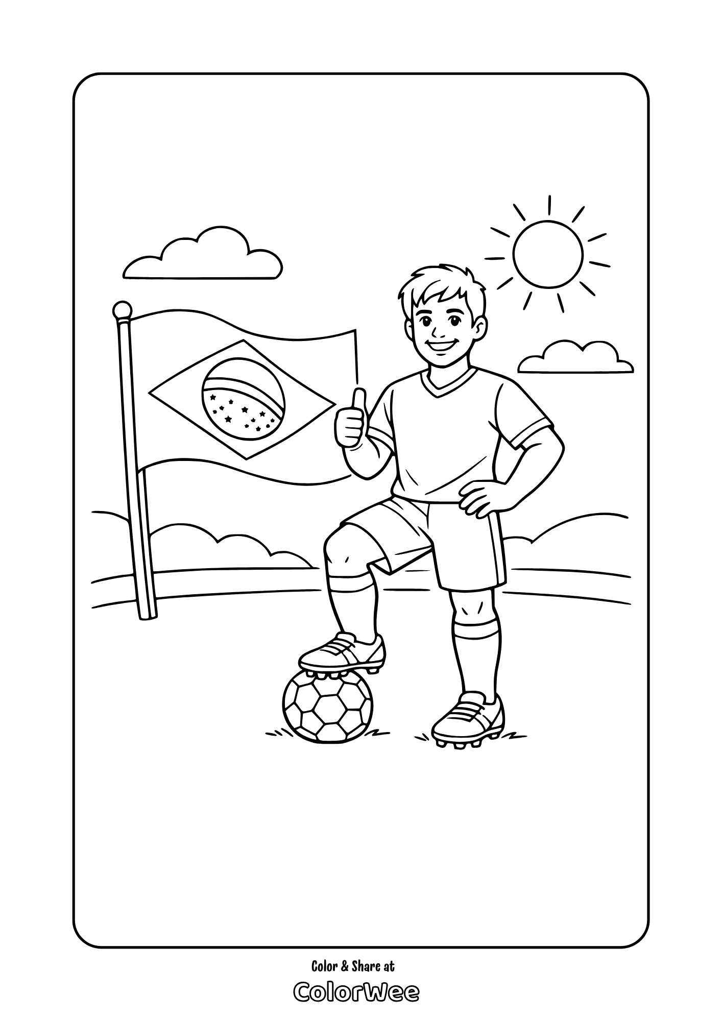 Brazil soccer player with flag coloring page for kids to print