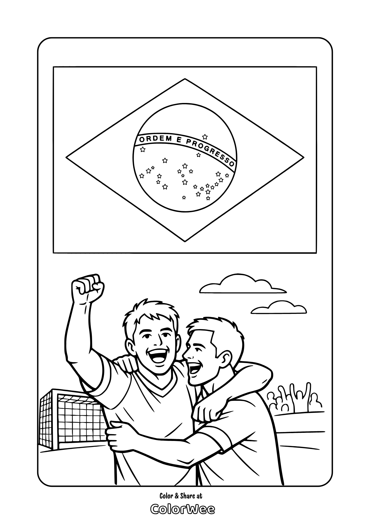 Brazil flag, soccer players celebrating in stadium coloring page