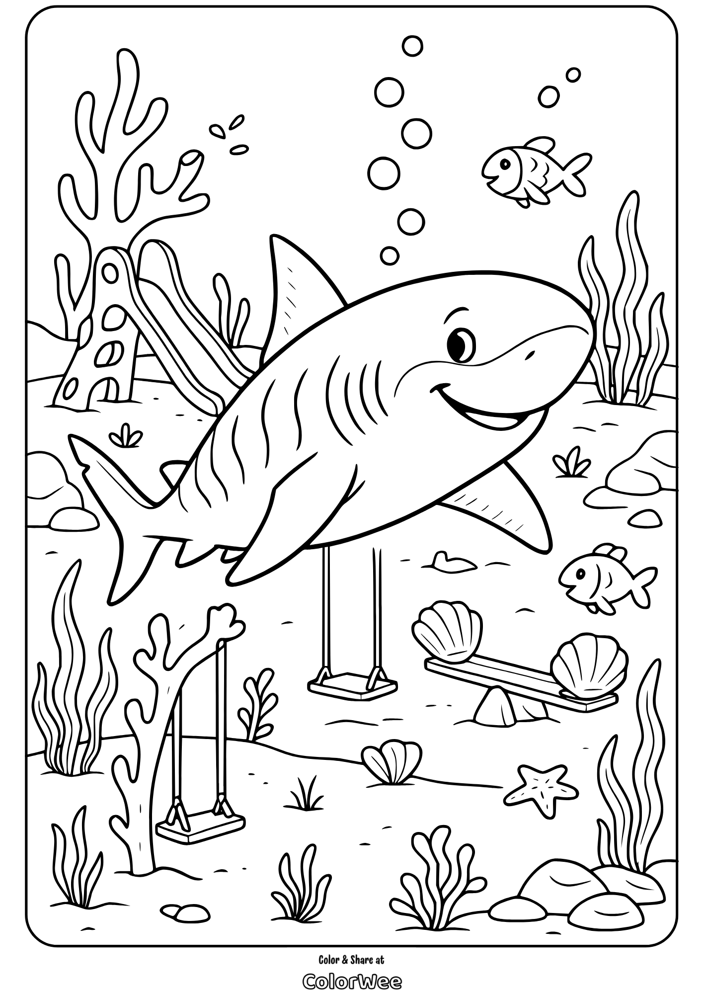 Coloring page of a happy shark in a playful ocean scene.