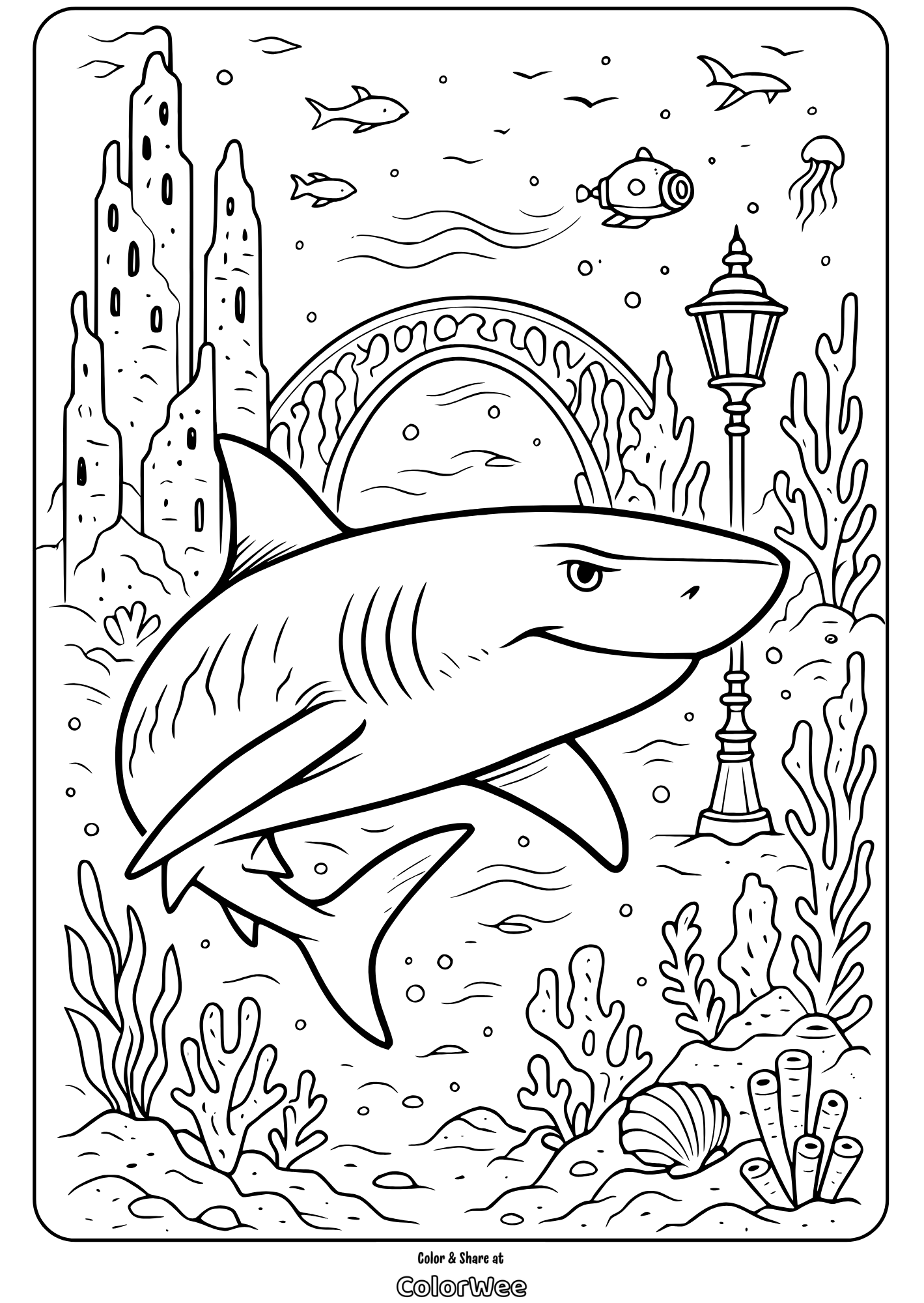 Underwater shark scene coloring page with coral and sea creatures.