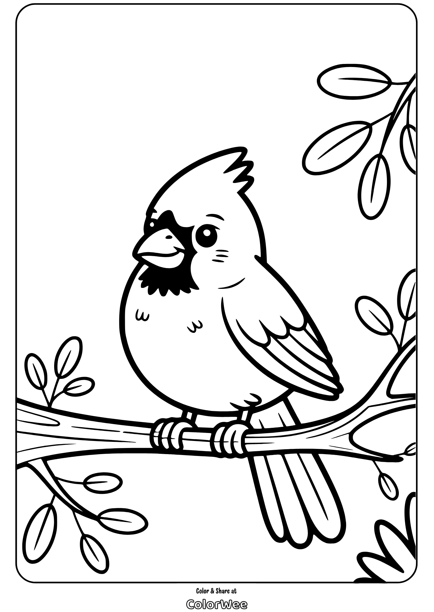 Coloring page of a cute cardinal bird on a branch.