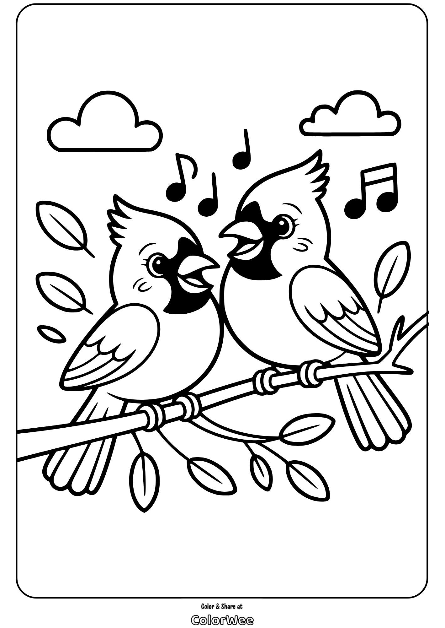 Two cardinal birds singing on a branch coloring page.