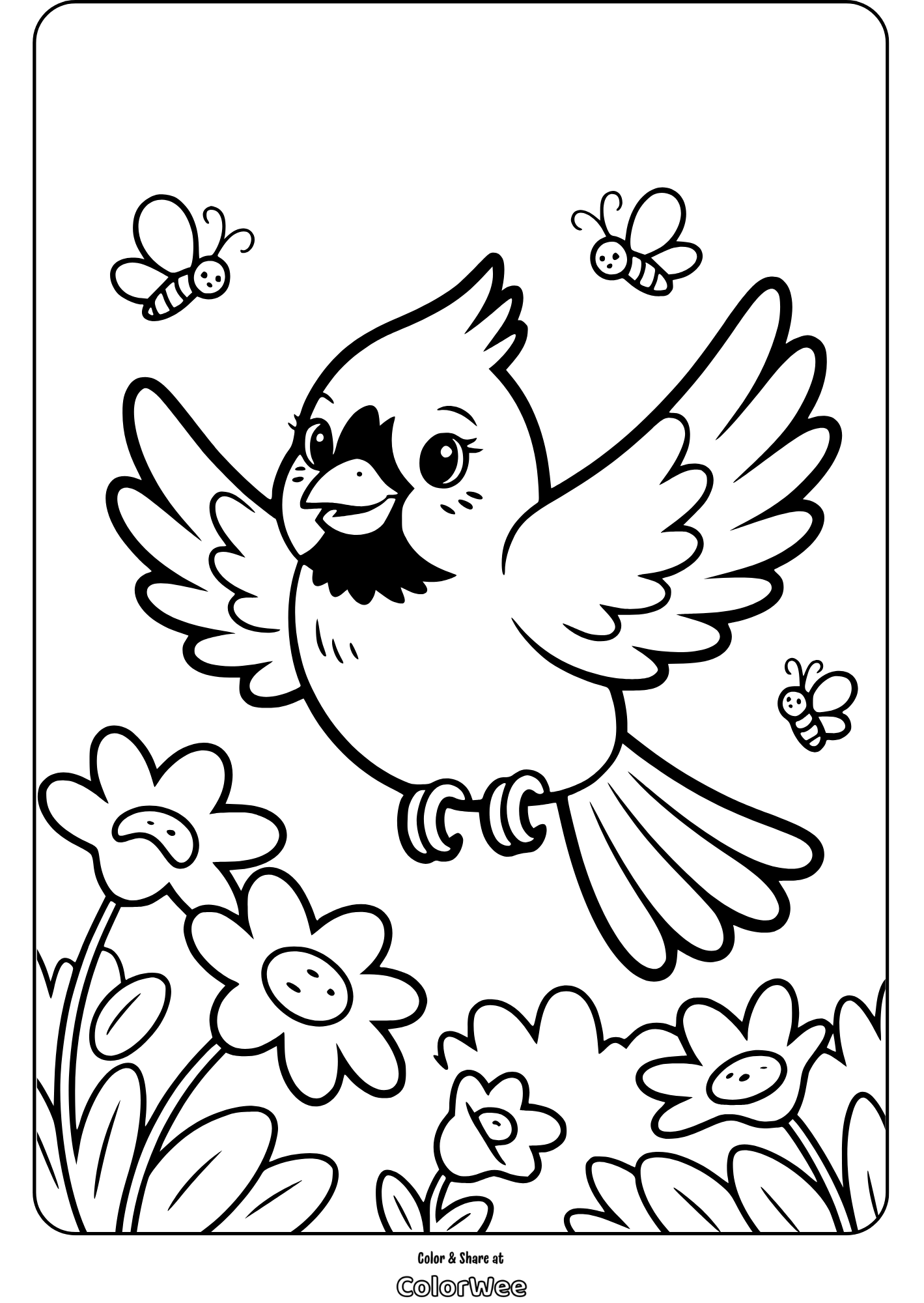 Coloring page of cheerful cardinal bird with flowers and bees.
