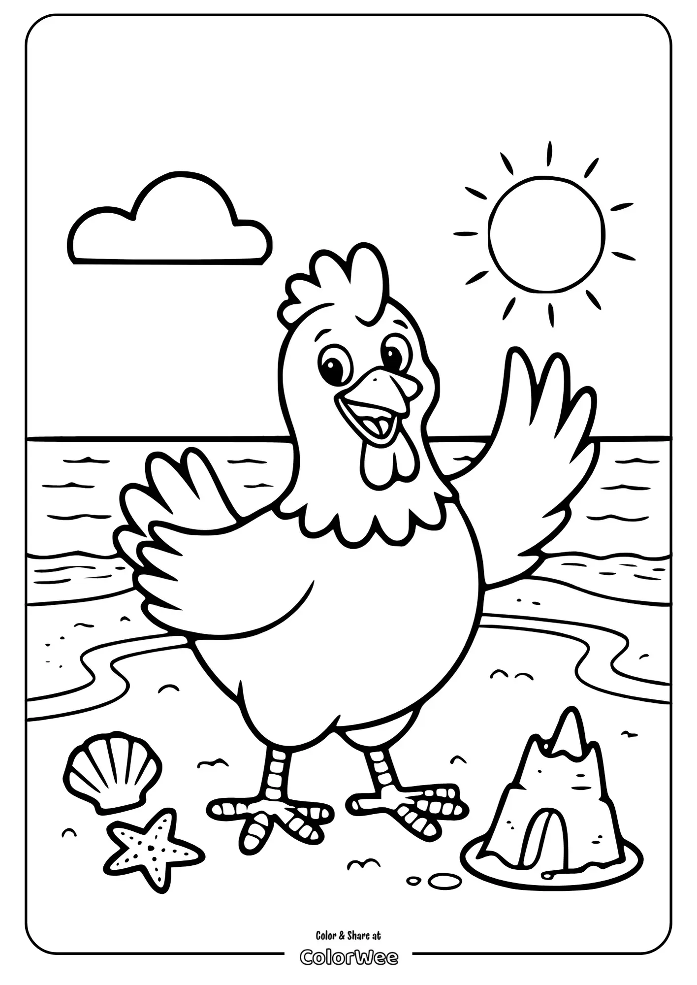 Chicken on beach with sun, shells, and sandcastle coloring page.