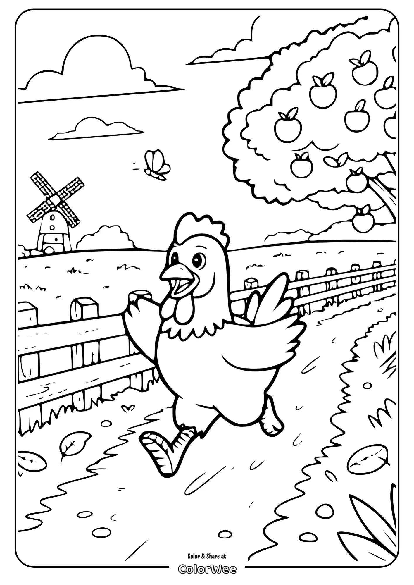 Chicken running in countryside with apple tree, fence, and windmill nearby.