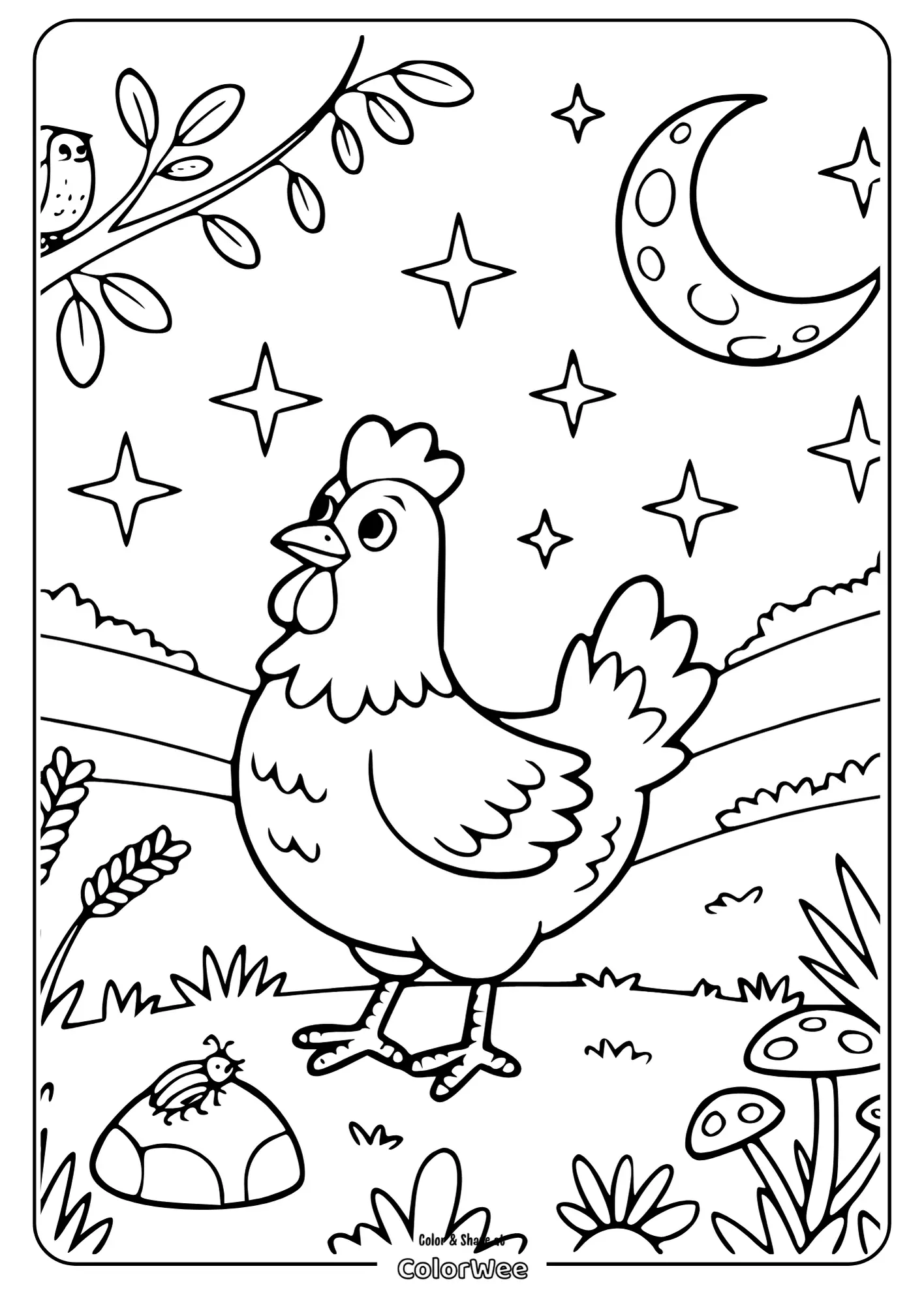 Hen and stars coloring page under a crescent moon.