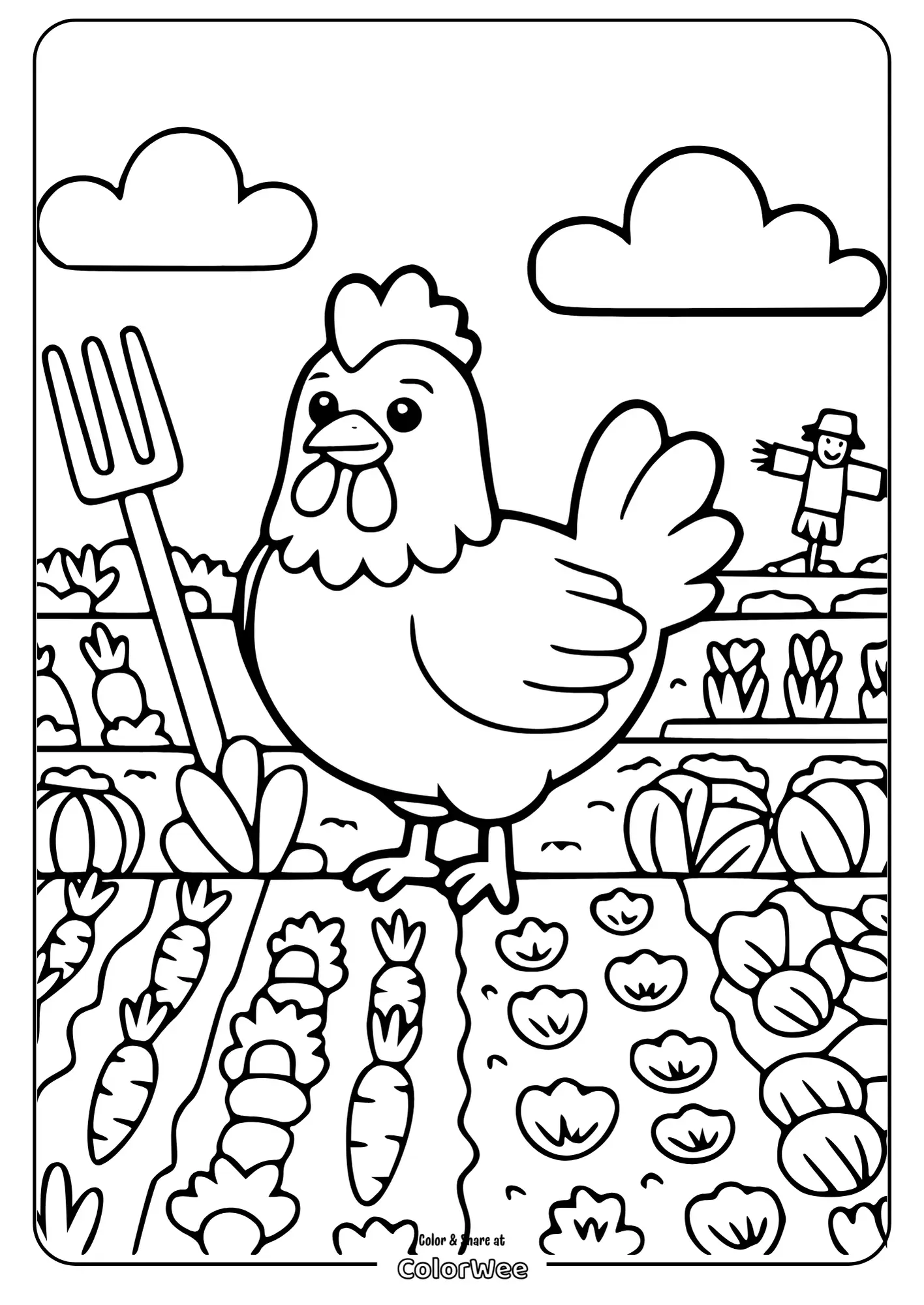 Chicken in garden coloring page with scarecrow and vegetables.