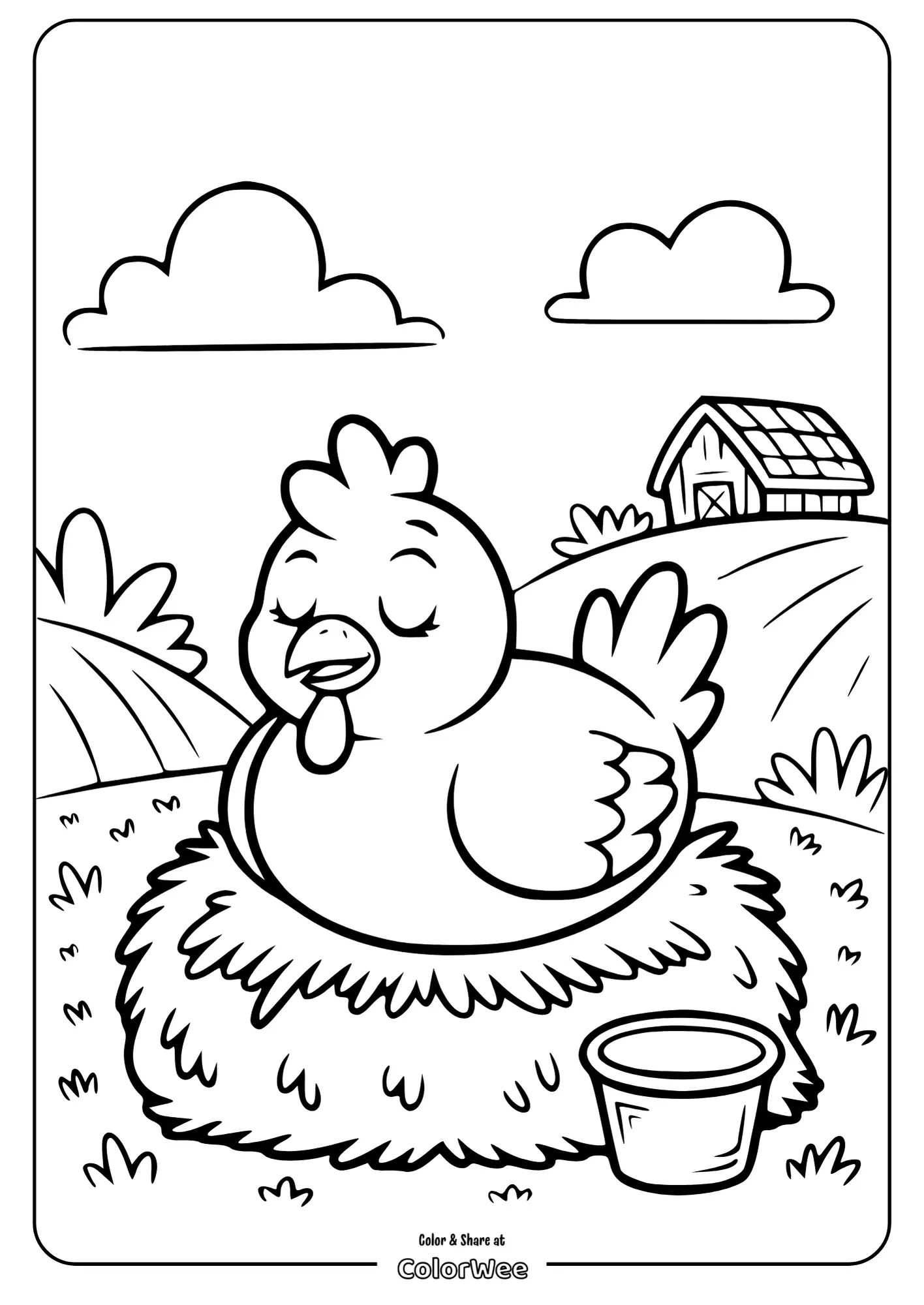 Chicken resting on hay in a farm scene coloring page.