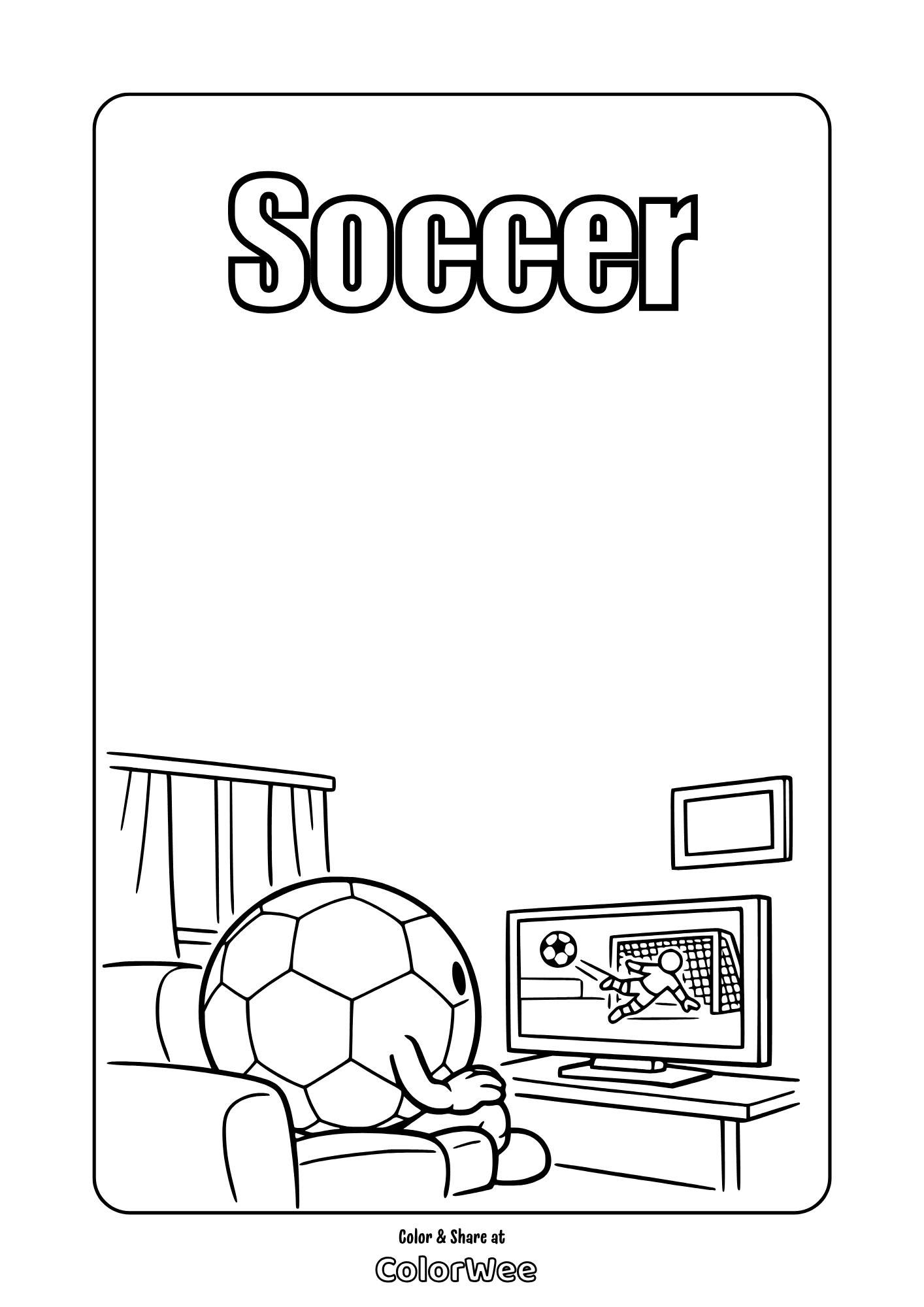 Soccer coloring page: soccer ball character watching a match on TV